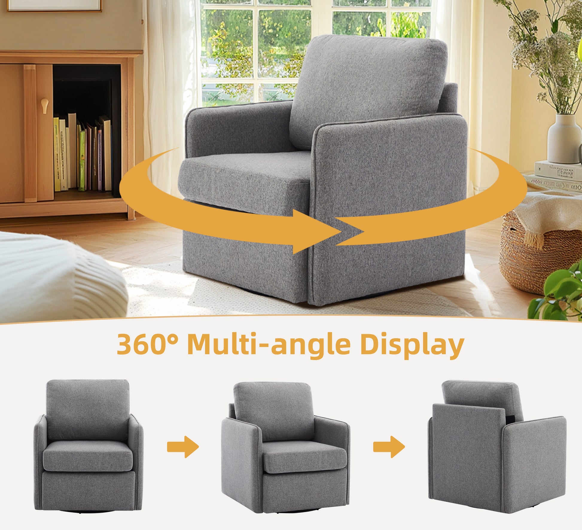 Swivel Accent Chair, Comfy Single Sofa Chair With Storage, Modern Arm Chair For Living Room, Fabric Swivel Armchair With Metal Base Gary Gray Silver Linen