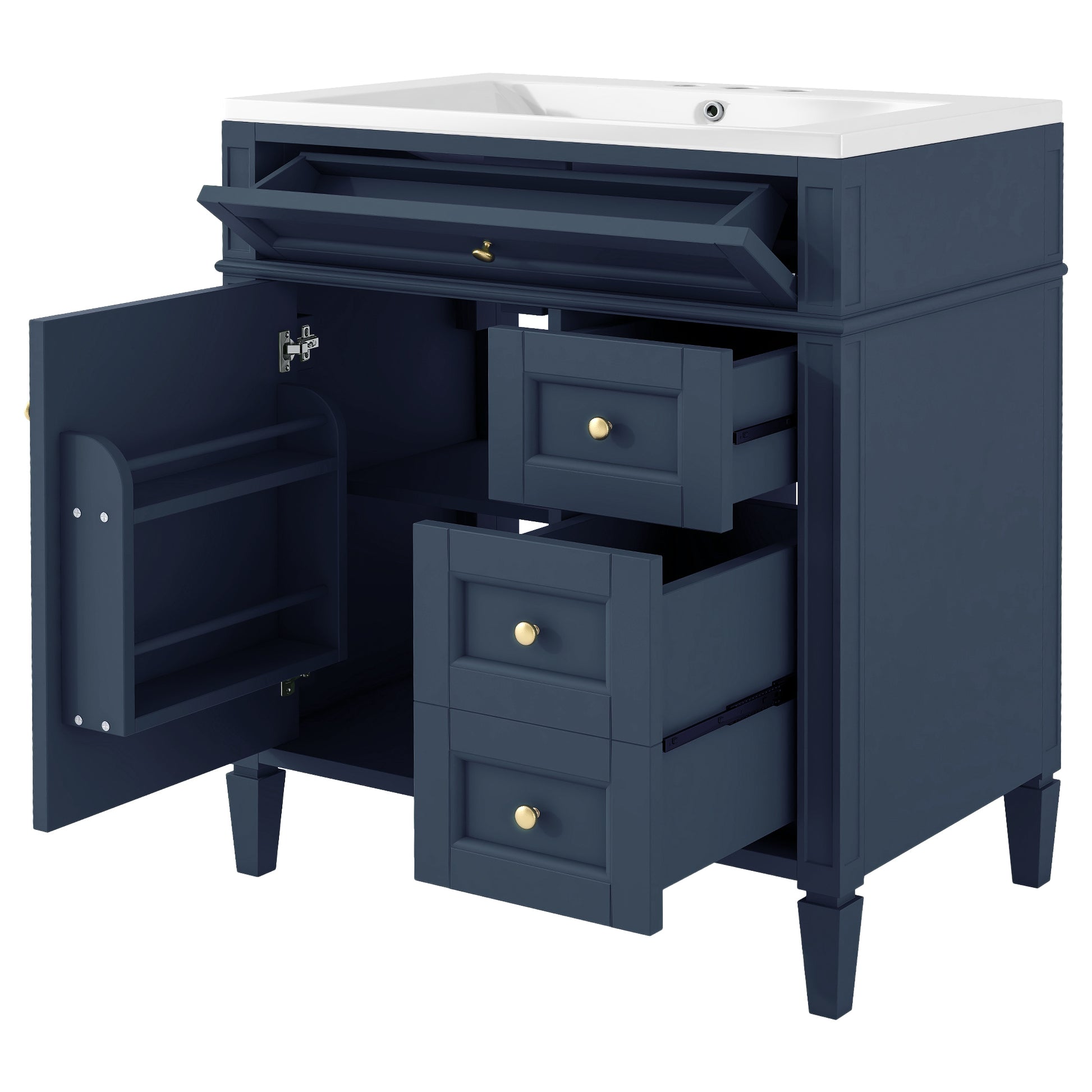 30'' Bathroom Vanity With Top Sink, Modern Bathroom Storage Cabinet With 2 Drawers And A Tip Out Drawer, Freestanding Vanity Set With Mirror Cabinet, Single Sink Bathroom Vanity 3 Blue 2 Mirror Included Bathroom Wall Mounted Modern Solid Wood Painted