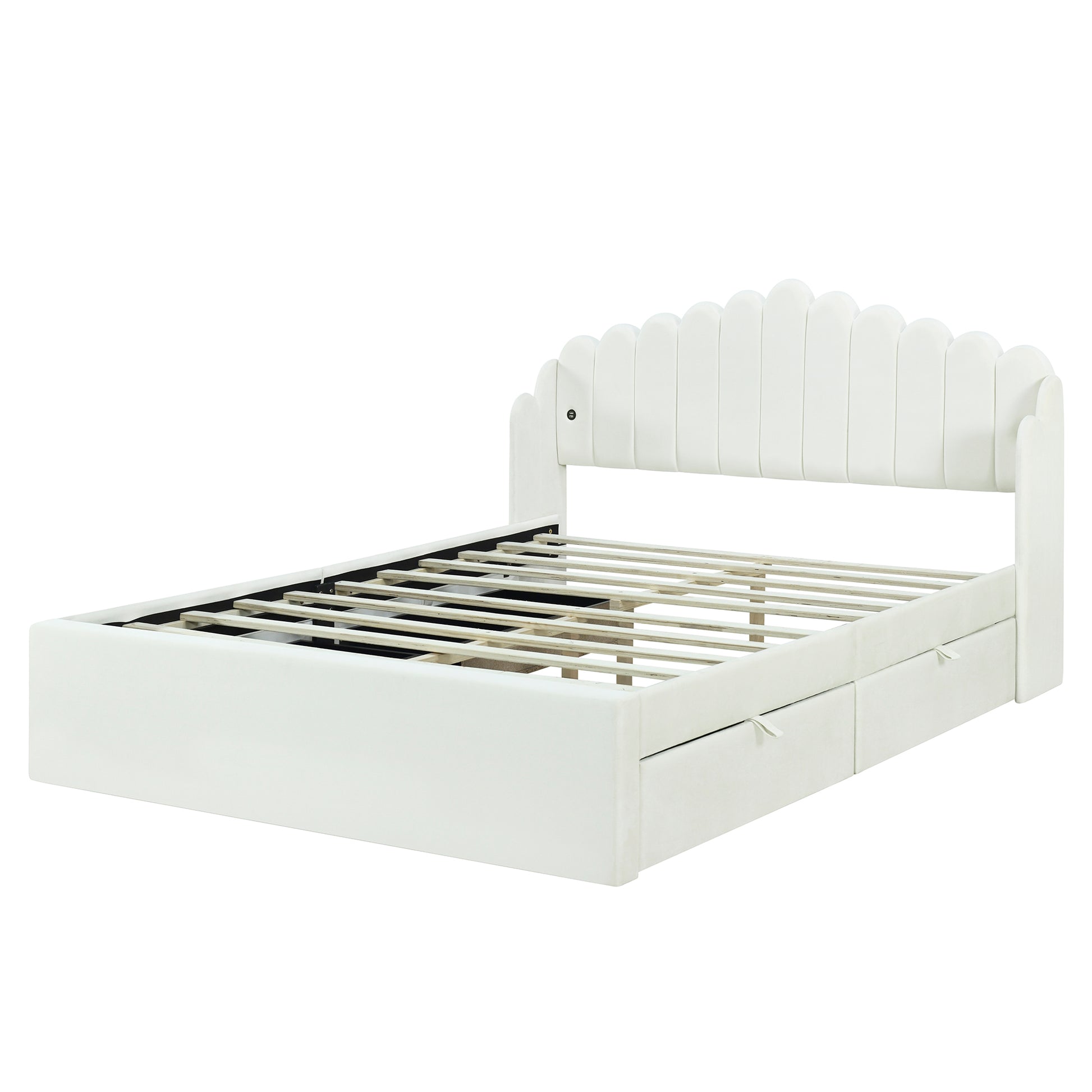 Queen Size Upholstered Platform Bed With 4 Drawers And 2 Usb, Beige Box Spring Not Required Queen Beige Wood Bedroom Bed Frame Polyester Upholstered
