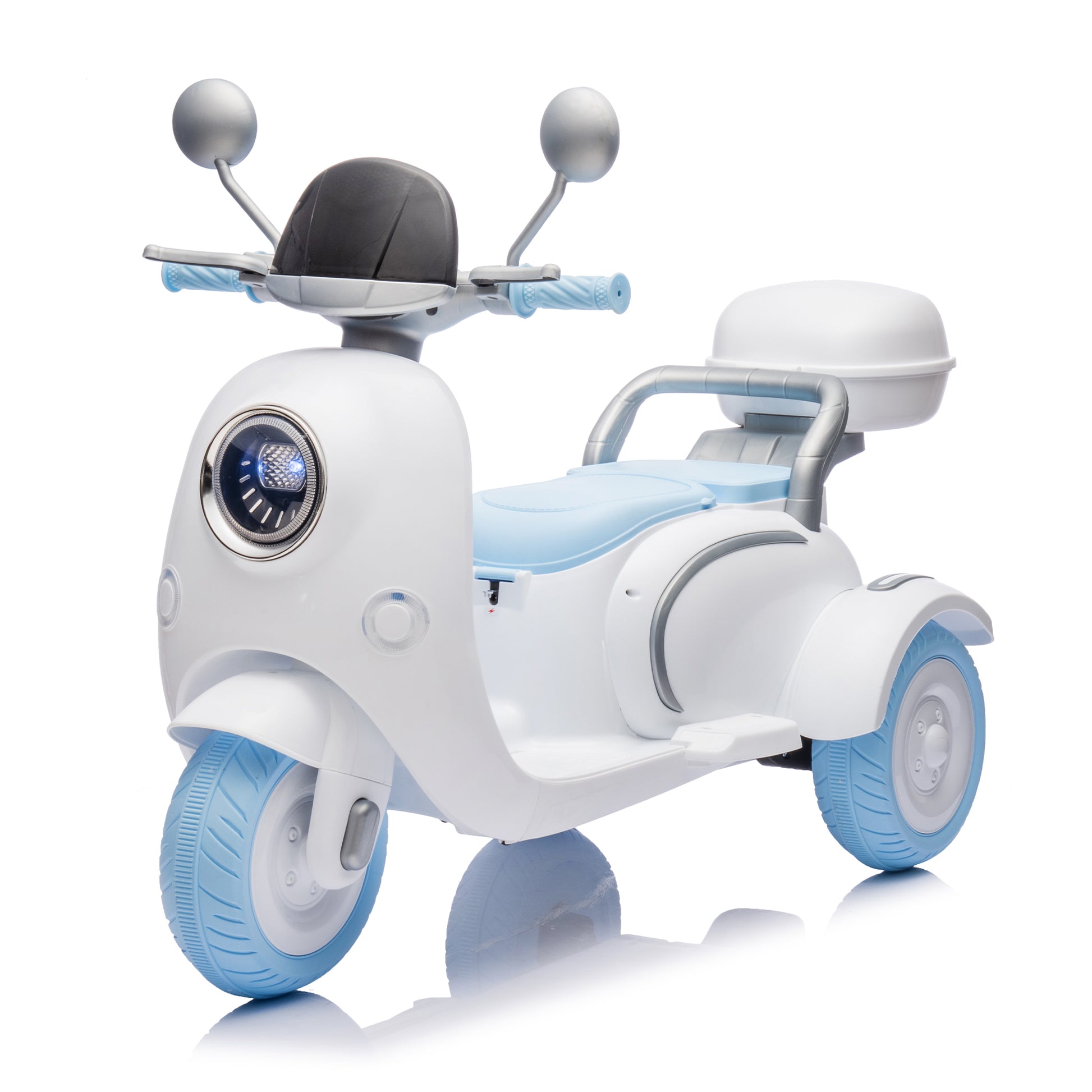 12V Two Seater Kids Ride On Electric Motorcycle,Three Wheels Kids Toy With Slow Start,Multi Function Player,Usb,Bluetooth, Light,Backseat Flip Adult Seat, Oversized Storage Box For Kids Aged 3 6. Blue 100 149 Lbs Polypropylene