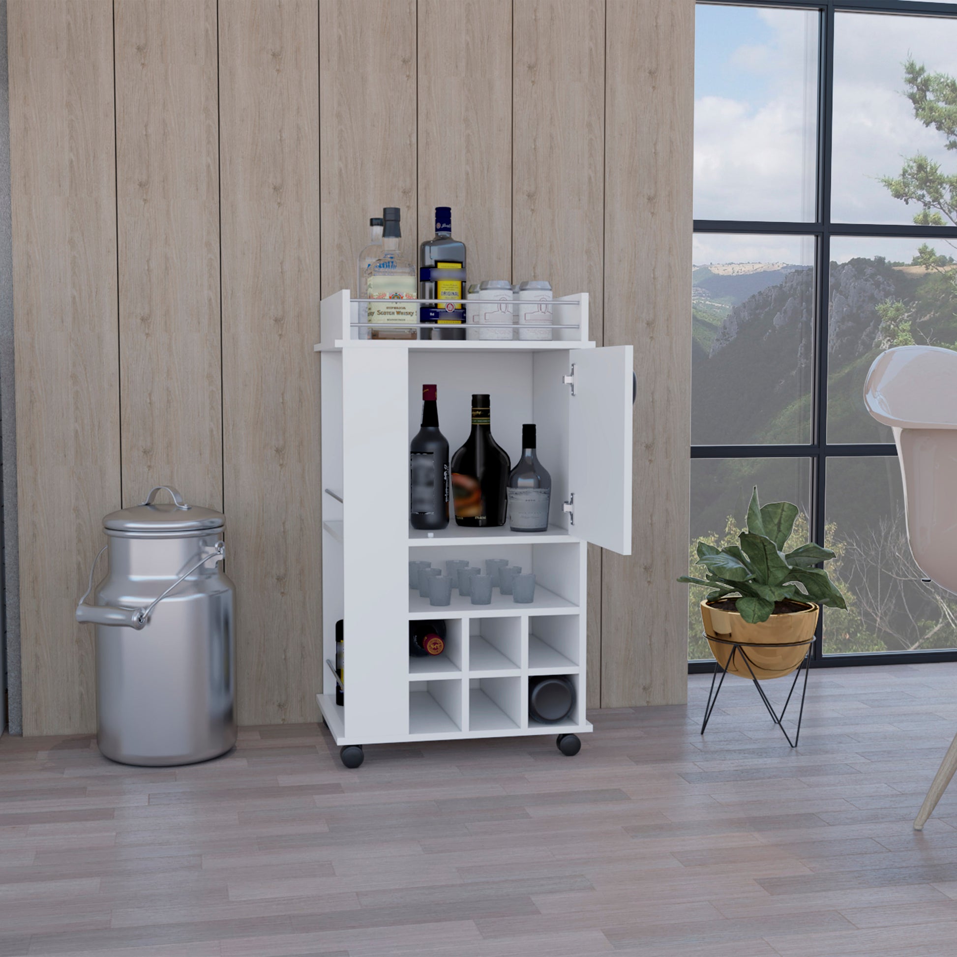 Fargo Bar Cart With Cabinet, 6 Built In Wine Rack And Casters White Primary Living Space Modern Particle Board Shelves Included Engineered Wood