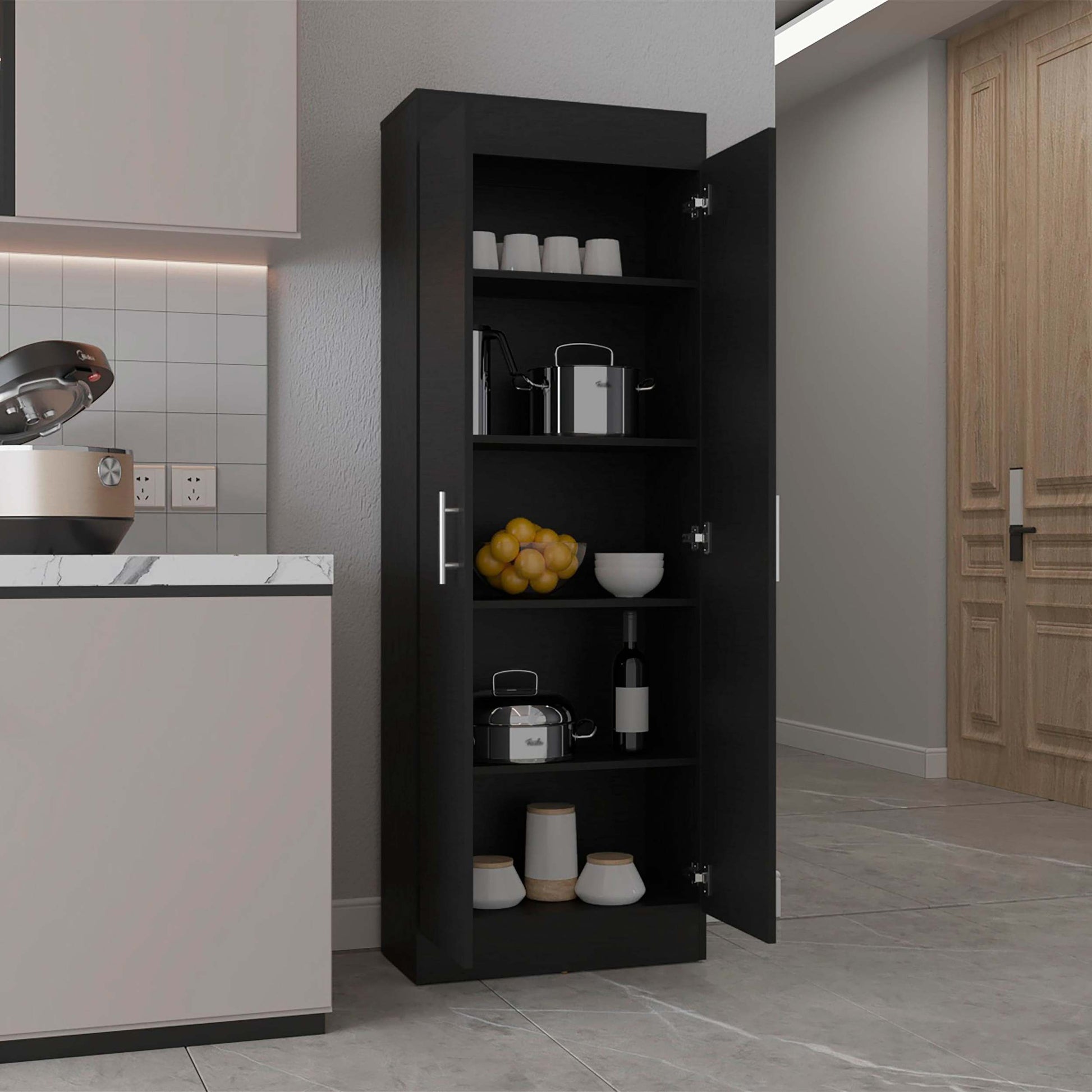 Black 5 Shelf Storage Pantry Cabinet Black Kitchen Shelves Included Wood