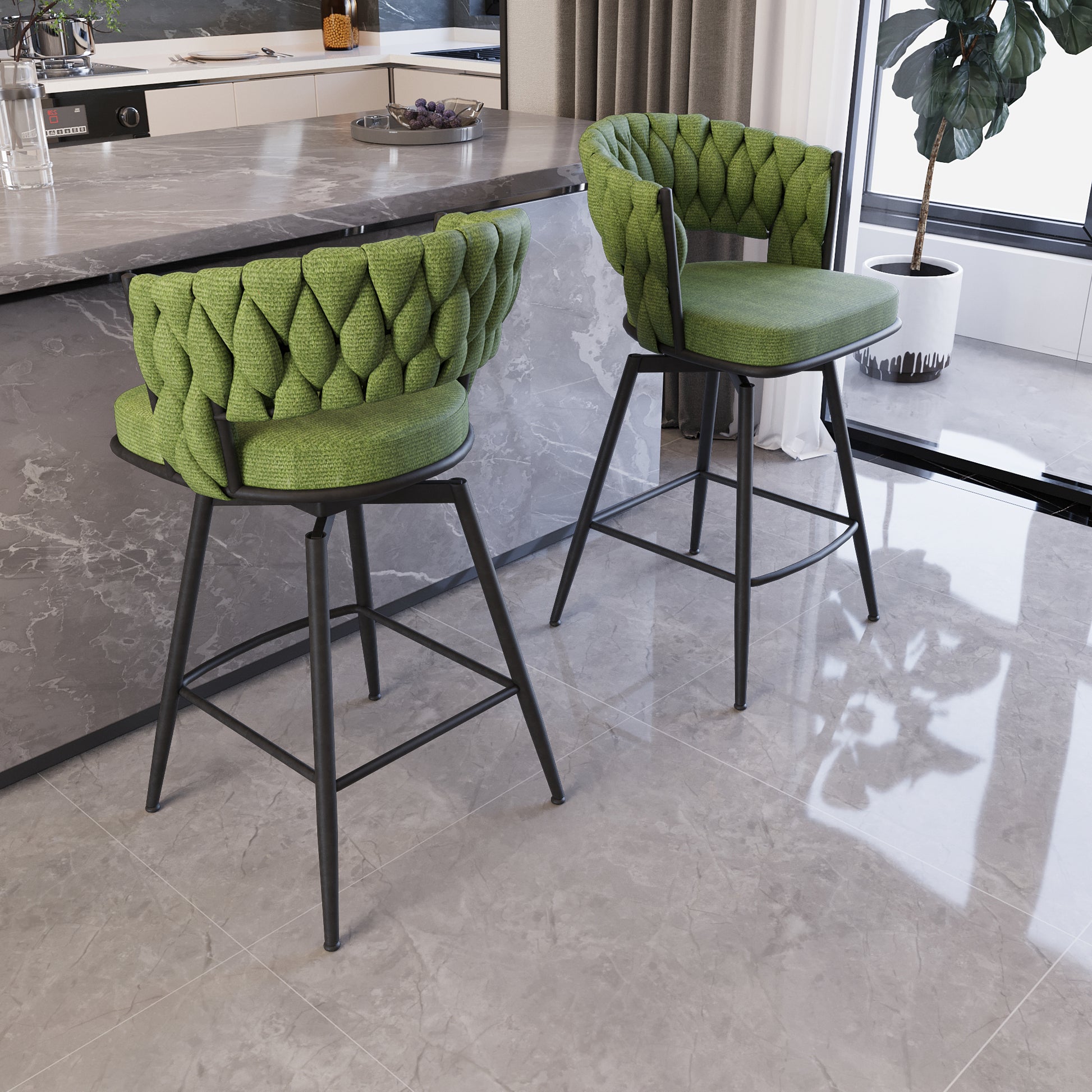 Bar Chair Suede Woven Bar Stool Set Of 4,Black Legs Barstools No Adjustable Kitchen Island Chairs,360 Swivel Bar Stools Upholstered Bar Chair Counter Stool Arm Chairs With Back Footrest, Green Metal Green Kitchen Dining Chairs Foam Technical Leather
