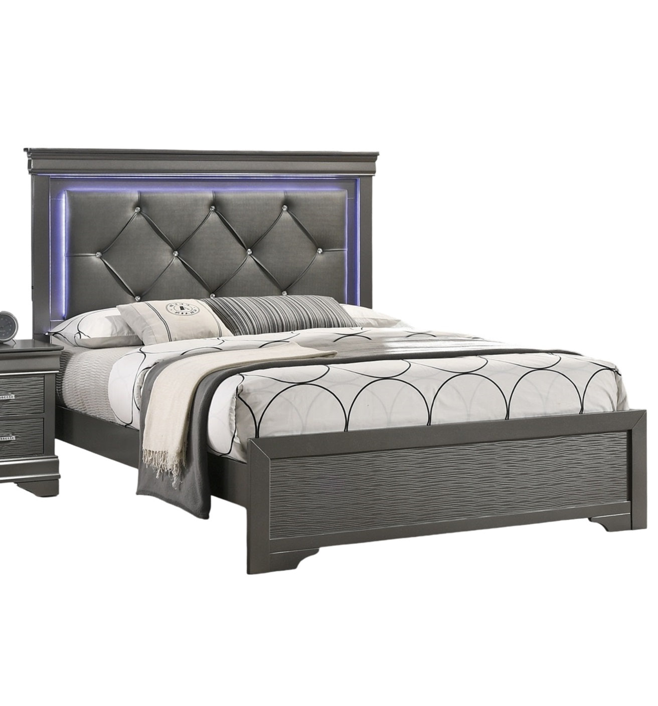 Dark Gray Faux Leather Tufted Headboard 1Pc Queen Size Bed W Led Bedroom Furniture Gray Unique Texture Fb Solid Wood Box Spring Required Queen Dark Gray,Gray Wood Bedroom Contemporary,Modern,Transitional,Ultra Modern Rubberwood Bed Frame Faux