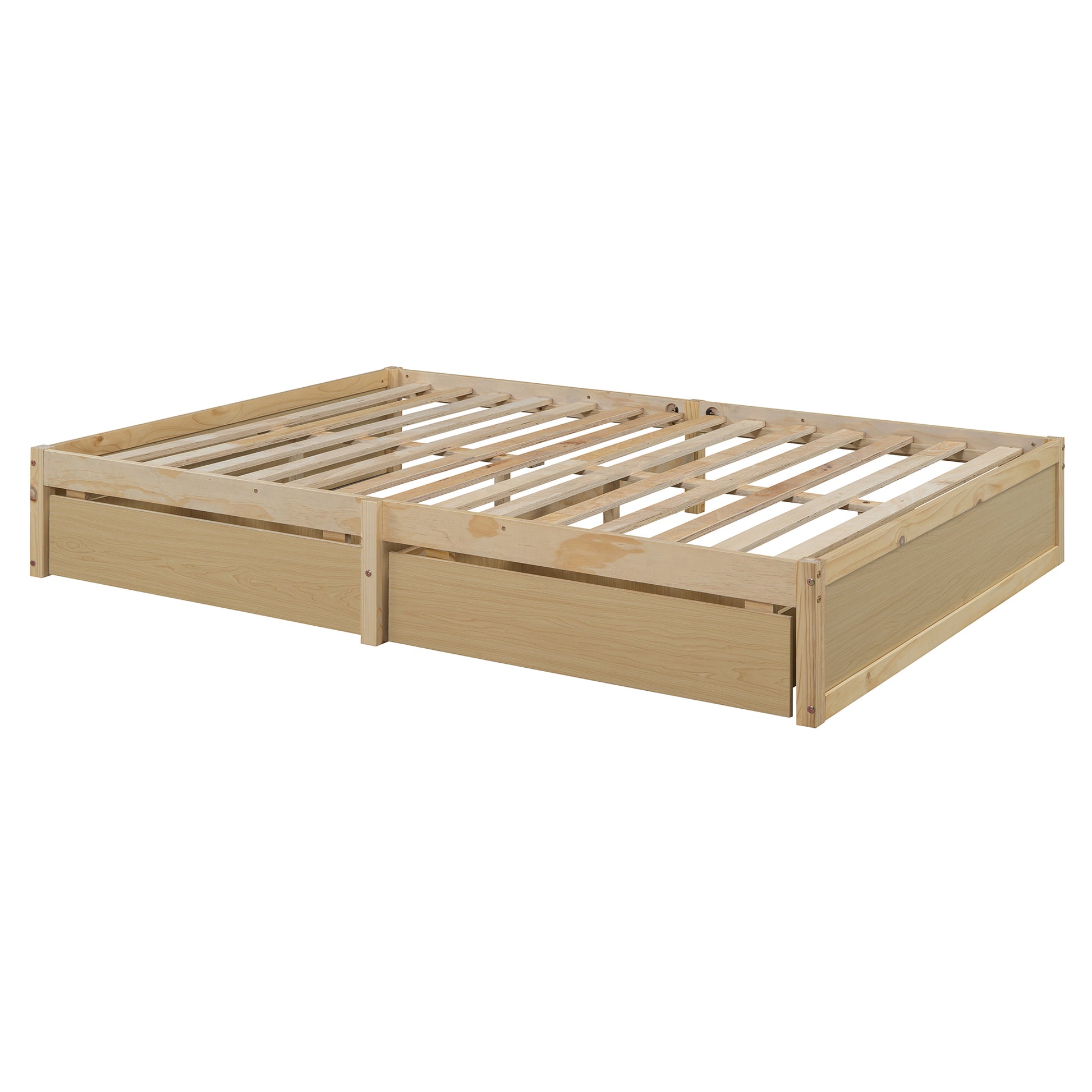 Full Size Wood Daybed With Fence Guardrails And 2 Drawers, Split Into Independent Floor Bed & Daybed, Natural Old Sku :Lp000882Aan Full Natural Solid Wood Mdf