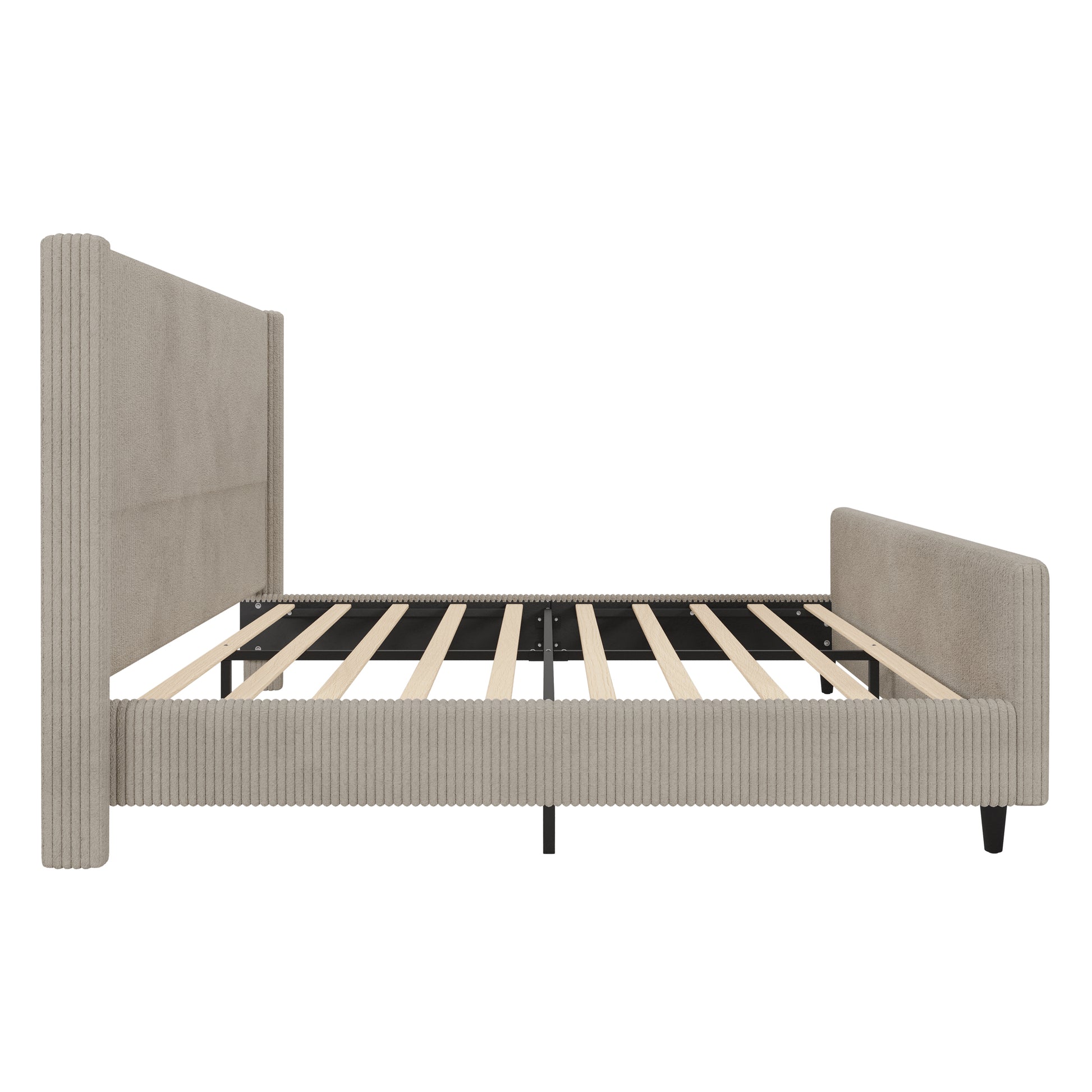 50.7'' High Headboard Corduroy Upholstered Bed Frame With Vertical Stripe Wingback And High Footboard No Box Spring Needed, King Size, Taupe Box Spring Not Required King Taupe Wood Bedroom Modern Bed Frame Wood