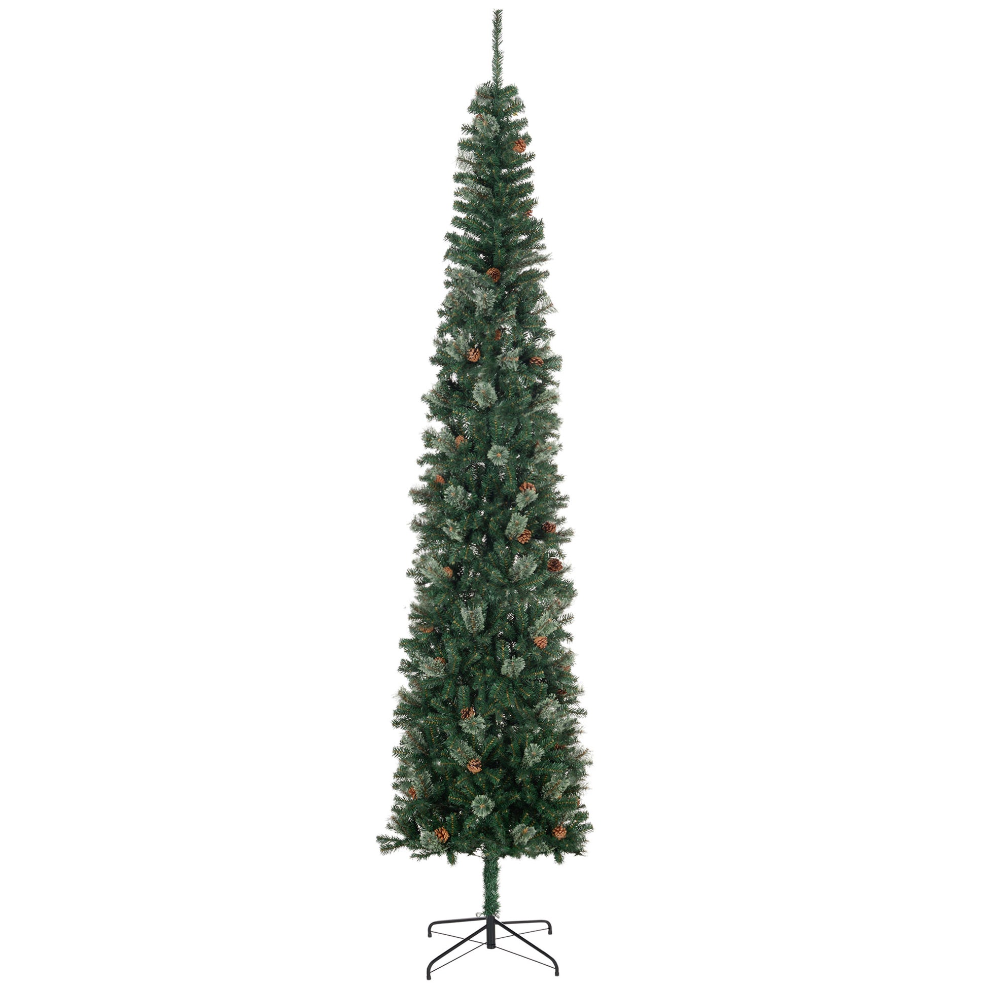 Homcom 9.5 Foot Pencil Artificial Christmas Tree, Slim Pine Needles Xmas Tree With Realistic Branches, Pine Cones, Metal Base, Green Green Plastic