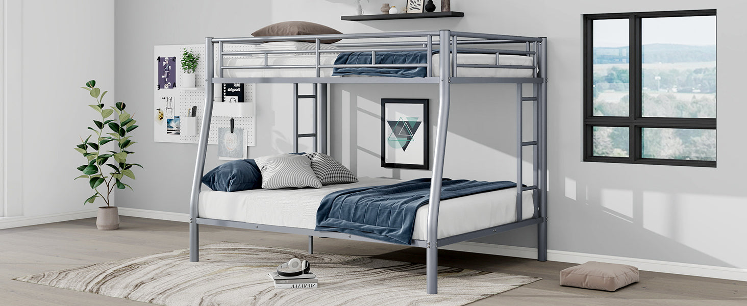 Full Xl Over Queen Metal Bunk Bed With Ladder And Guardrails, Silver Expected Arrival Time: 9.7 Box Spring Not Required Full Xl Silver Metal Metal
