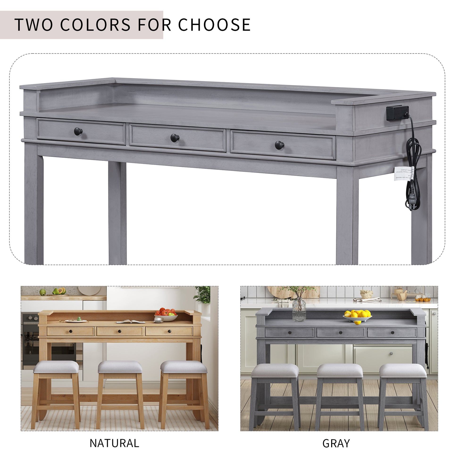 4 Piece Dining Table Set For 3, Retro Kitchen Table And Chairs Set With 3 Storage Drawers, Ideal For Small Spaces Gray Gray Mdf,Rubber Wood