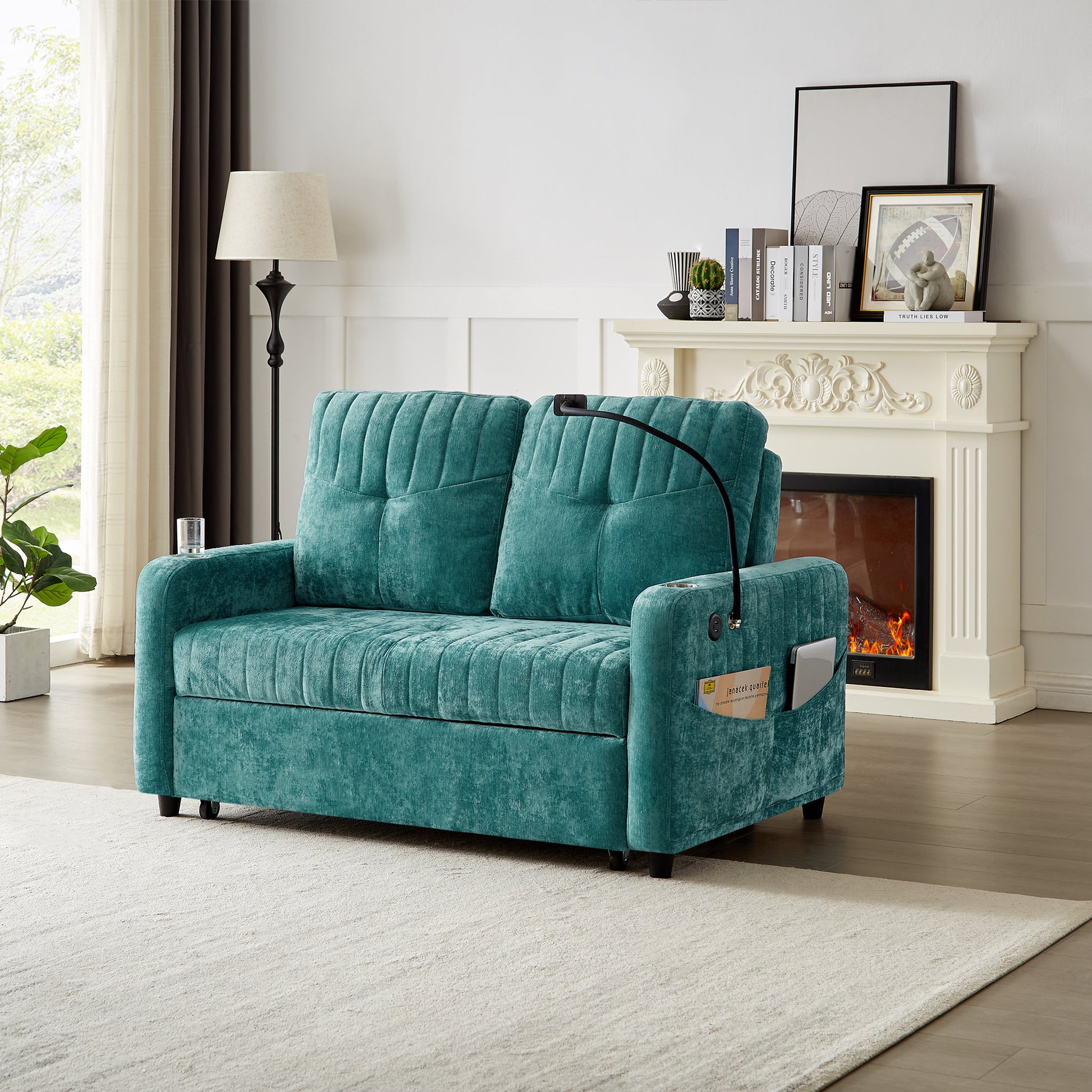 53.9" Modern Loveseat Pull Out Sofa Bed With Adjustable Backrest, Two Cup Holdersa Phone Holder, Three Charging Ports And Side Storage Pockets For Living Room, Teal Teal Foam Chenille