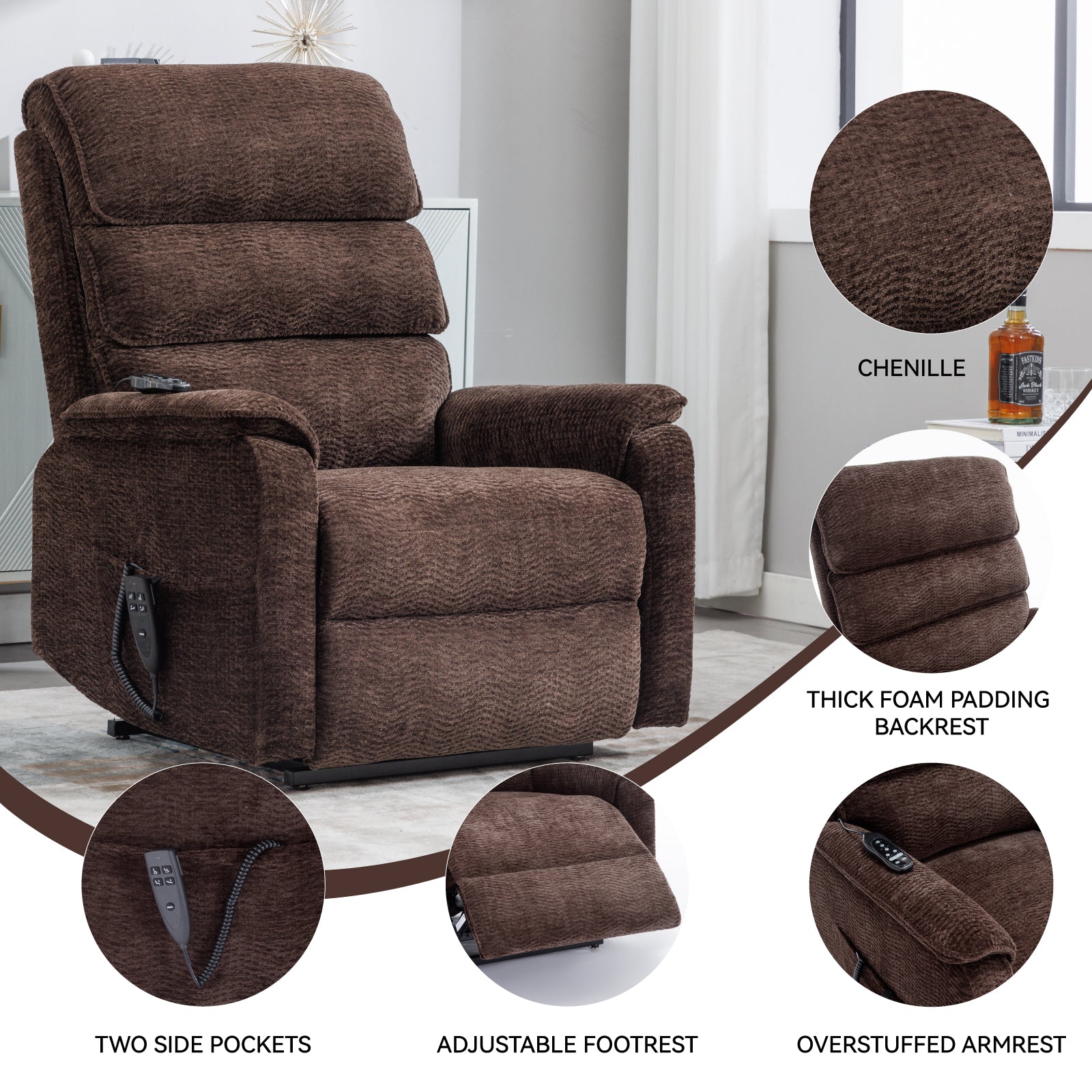 Brown Chenille Dual Motor Infinite Position Up To 350 Lbs Power Lift Recliner Chair With Power Remote, Heat Massage And Heavy Duty Motion Mechanism White Metal Primary Living Space Heavy Duty Push