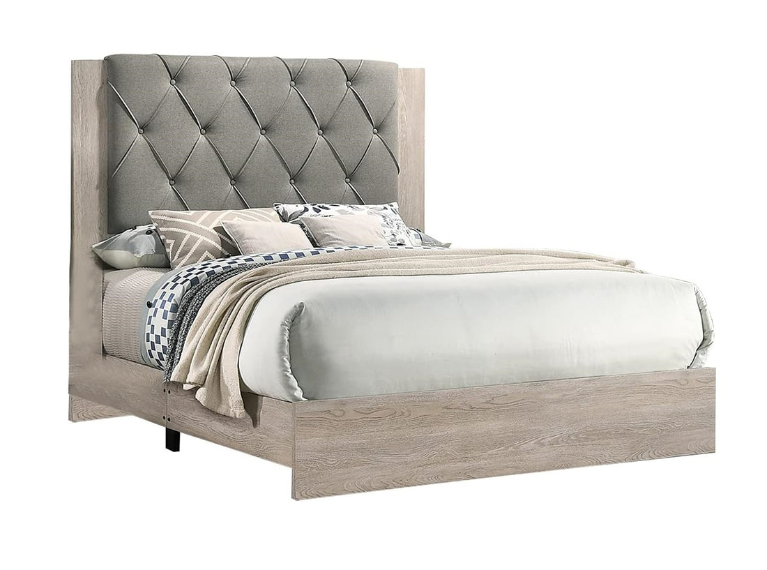 Contemporary 1Pc Cream Finish California King Size Bed Bedroom Furniture Gray Tufted Design Headboard Rubberwood 1Pc Bedframe Box Spring Required California King Cream Grey Wood Bedroom