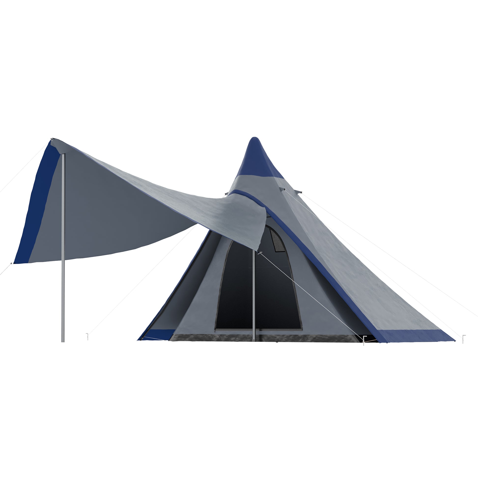 Outsunny 15.4'X15.4'X8.5' Teepee Tent, Waterproof Camping Tent With Porch Area, Floor And Carry Bag, For 2 3 Person Outdoor Backpacking Camping Hiking, Blue Blue Aluminum