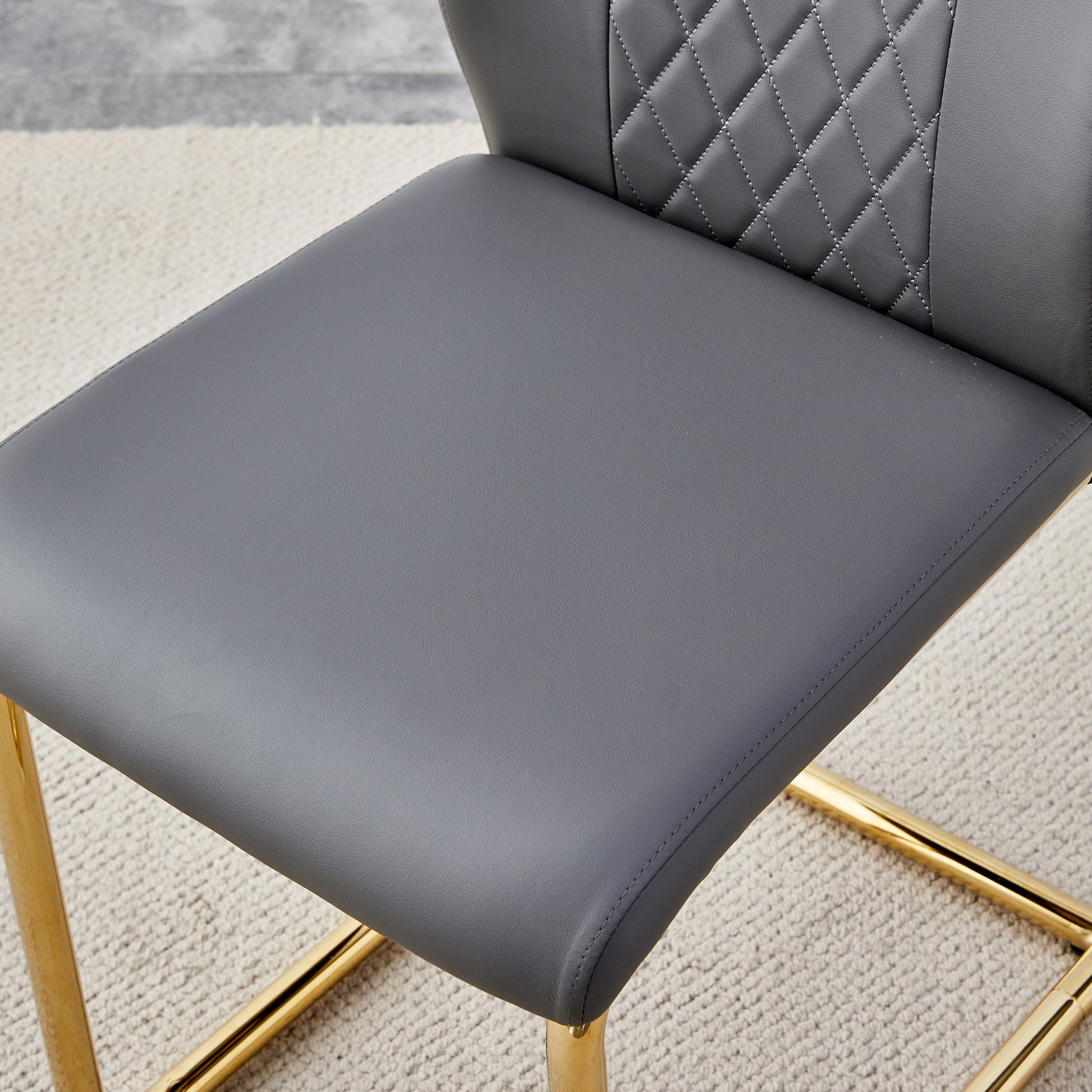 Table And Chair Set. 1 Table With 4 Gray Pu Chairs. Modern Minimalist Rectangular Black Imitation Marble Dining Table, With Golden Metal Legs. Paired With 4 Chairs With Golden Legs.Dt 1544 C001 Black Gold Glass Metal