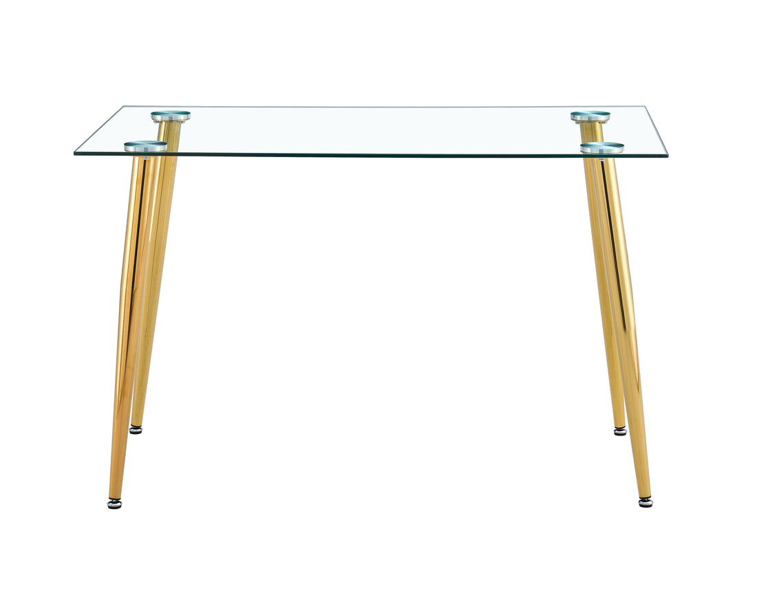 Modern Minimalist Rectangle Glass Dining Table Set Of 5Transparent Glass Tabletop And Electroplate Metal Legs, Suitable For Kitchens, Restaurants, And Living Rooms Golden White Metal