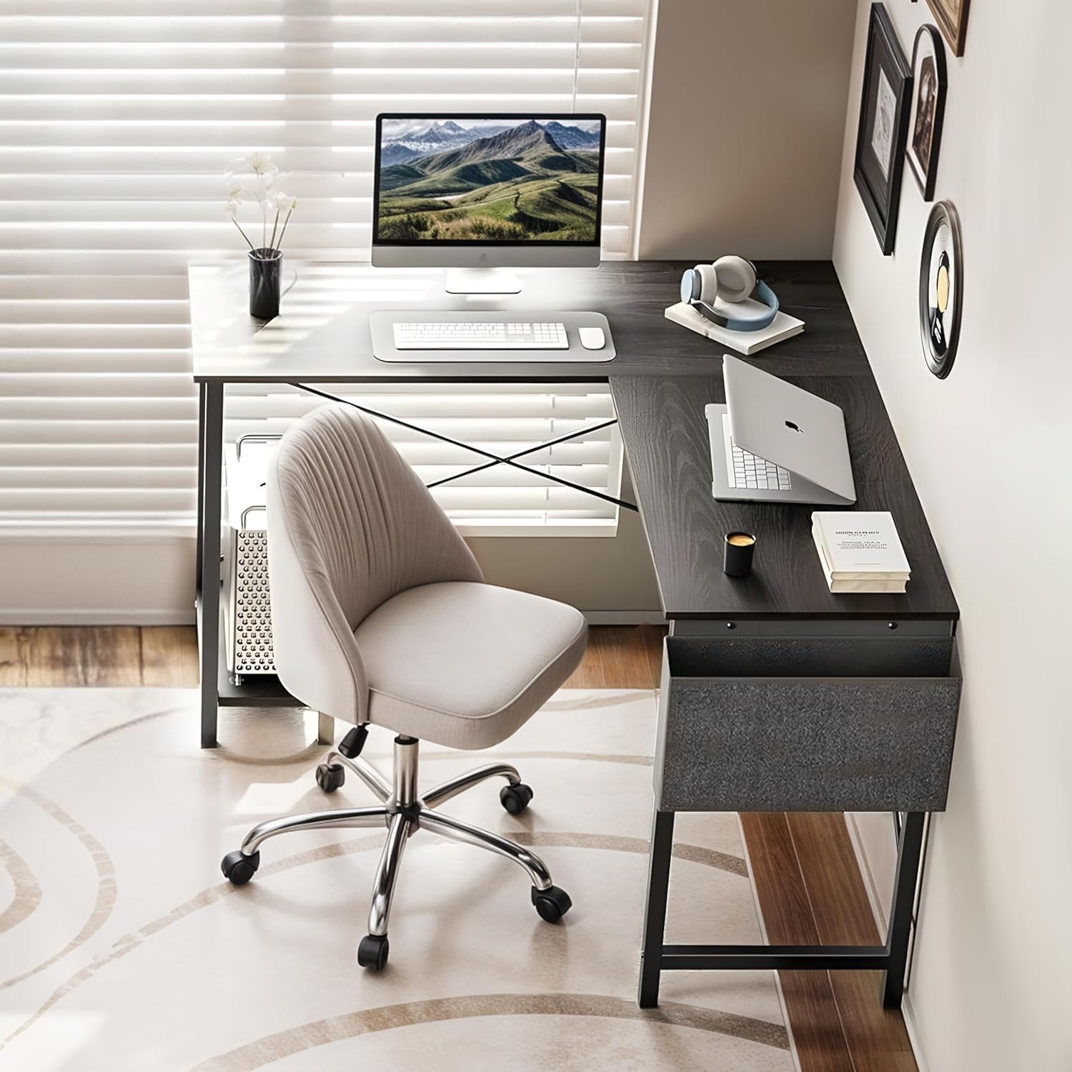 L Shaped Desk Gaming Computer 50 Inch Reversible Corner Table Pc For Writing Study Student With Wood Tabletop Metal Frame Cpu Stand Side Bag For Home Office Small Place, Black Black Wood