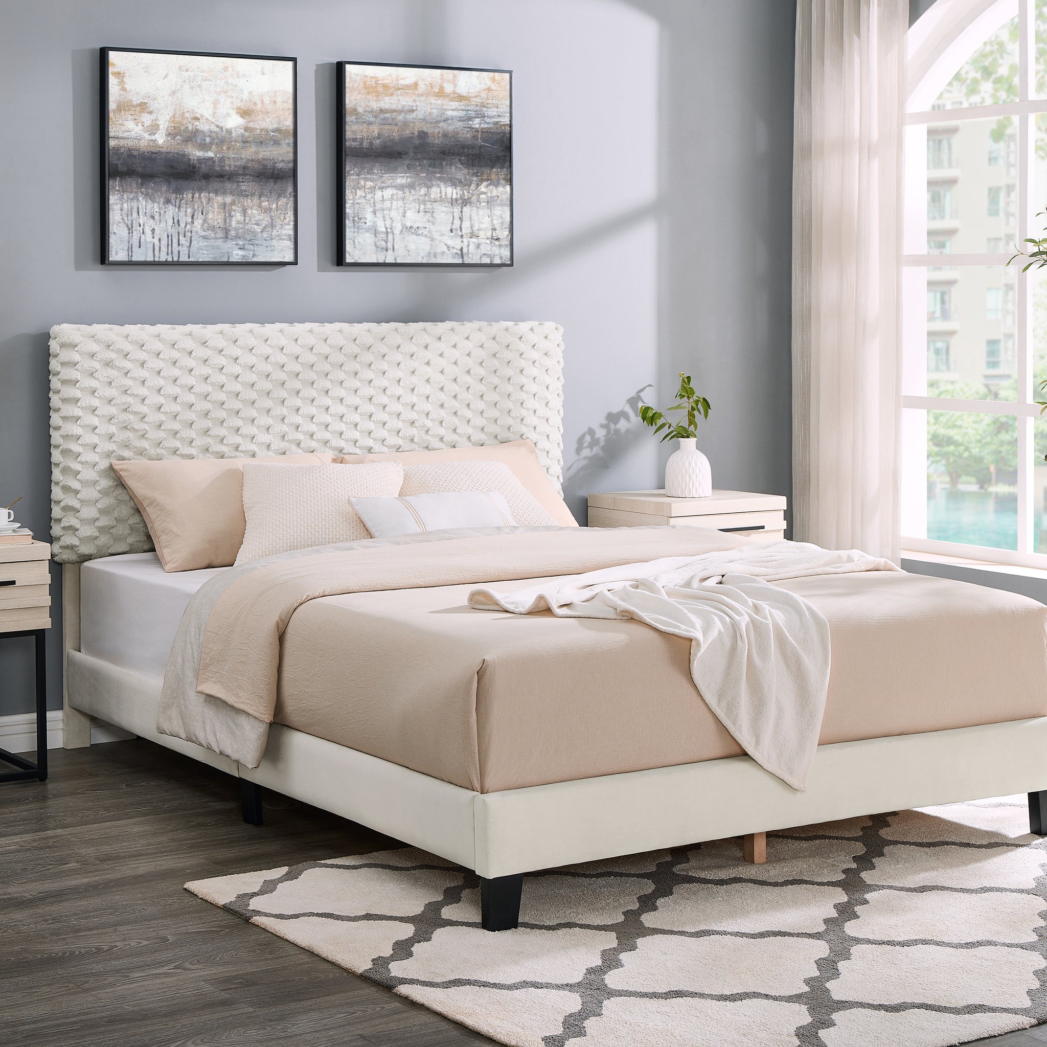 Findlay Plush 3D Upholstered Platform Bed In White Dove,Queen Box Spring Not Required Queen Off White Wood Nature Bedroom Contemporary,Modern Rubberwood Bed Frame Foam Polyester