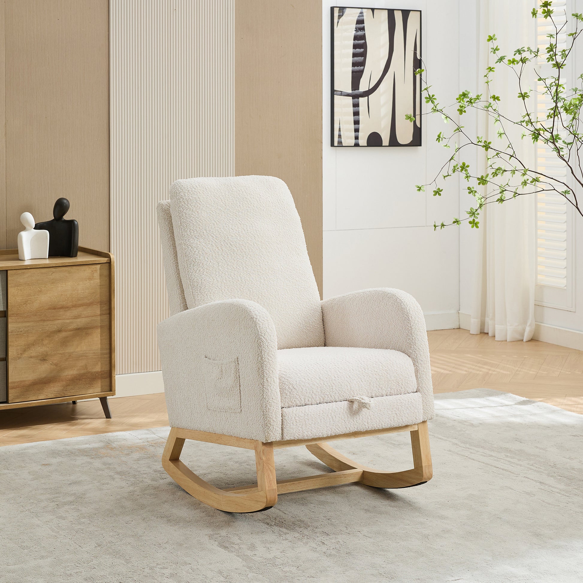 25.4"W Rocking Chair For Nursery, High Back Glider Chair With Retractable Footrest, Side Pocket, Rocking Accent Armchair With Rubber Wood Legs For Living Room Bedroom.Ivory Ivory Boucle