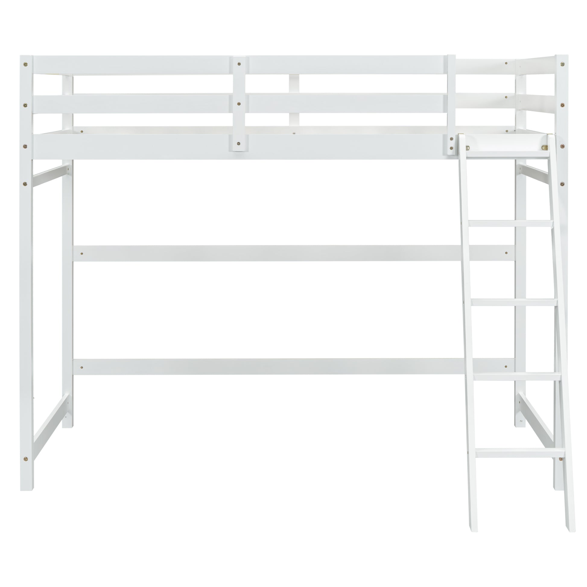 Twin Size High Loft Bed With Inclined Ladder, Guardrails,White Twin White American Design Pine