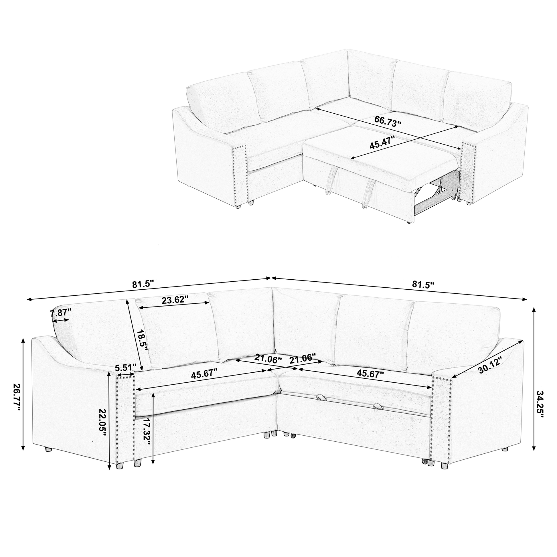 Arrived L Shaped Sofa With Pull Out Sofa Bed, Corner Sofa,Comfortable Living Room Furniture Set, Sleeper Sofa Bed,Corner Seat For Two With Broaching Sofa,Rivet Dechenille,Gray Gray Polyester Wood Primary Living Space Modern Polyester 5 Seat