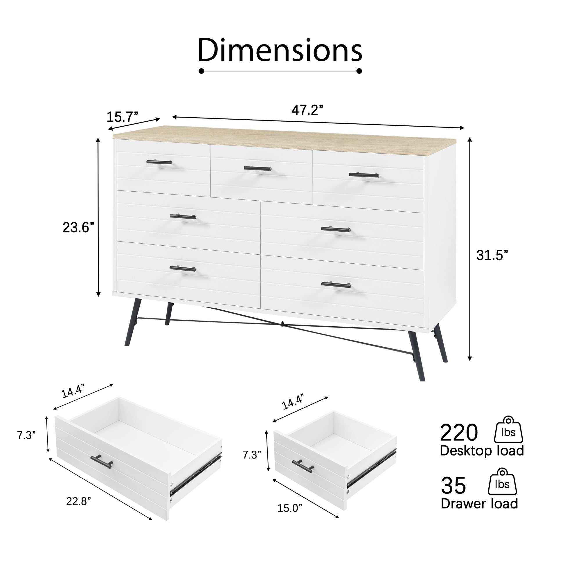 7 Drawer Dresser For Bedroom With Deep Drawers, Wood Dressers & Chest Of Drawers, Modern White Long Dressers For Closet Living Room, 47.2"W X 15.7"D X 31.5"H, White & Oak White Light Oak White Rustic,Vintage Particle Board