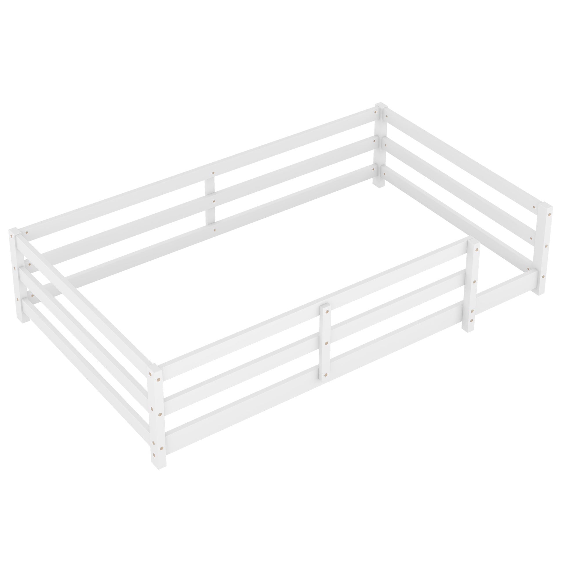 Twin Size Floor Bed, Montessori Floor Bed With Fence, Kids Montessori Bed Twin Size, Wood Montessori Floor Bed For Kids, Girls, Boys White White Wood Metal