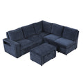 L Shaped Padded Modular Sofa With Storage Space, Usb Ports, And Cup Holders On The Armrests, Suitable For Living Rooms, Offices, And Apartments. Blue Wood Polyester 5 Seat