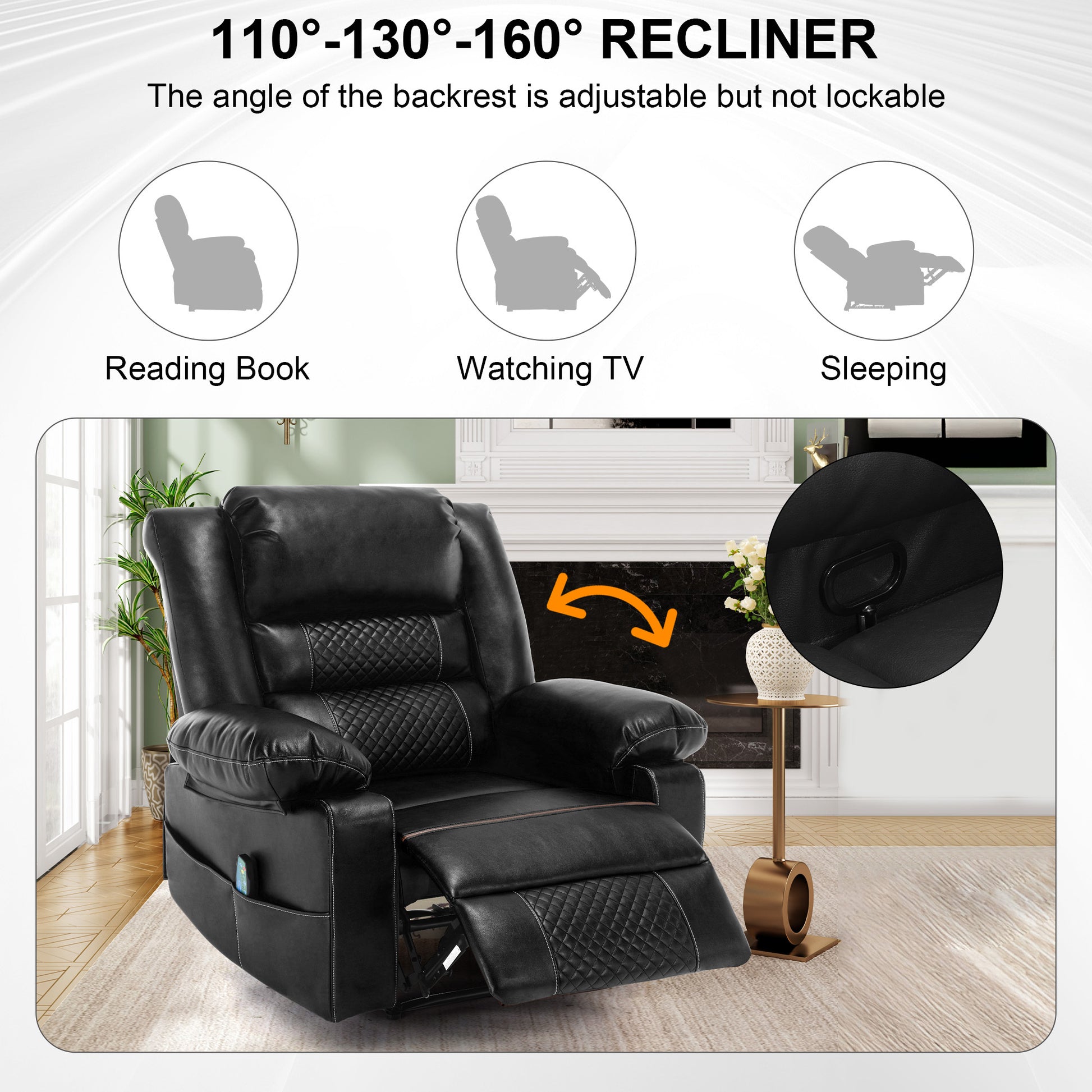 Leather Massage Recliner Chair Manual Living Room Reclining Sofa Black Faux Leather Manual Handle Metal Primary Living Space Soft Cushion Back Heavy Duty American Design,American Traditional,Antique,Classic Pillow Top Arms Foam Pu Leather