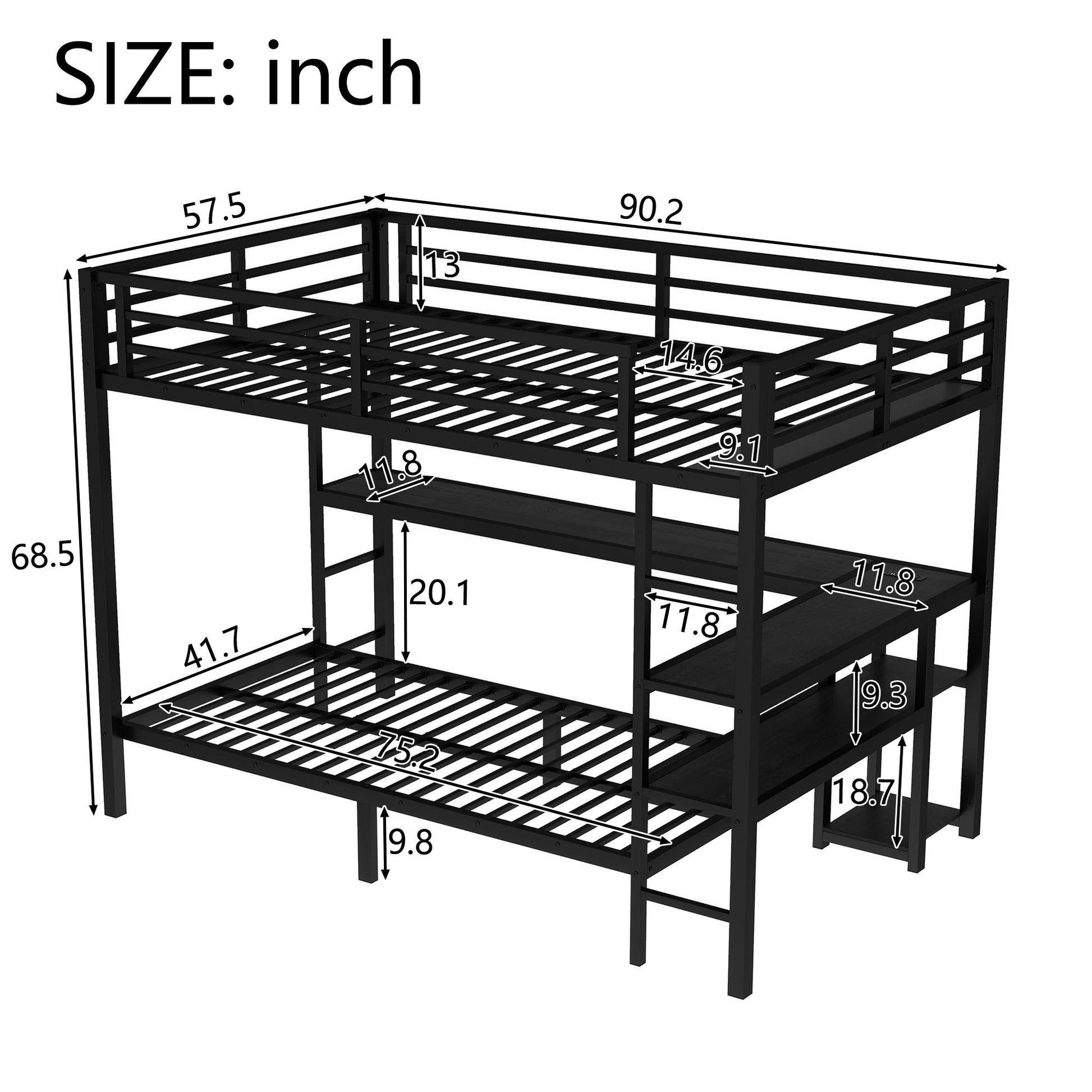 Full Xl Over Twin Bunk Bed With Desk And Shelves, Multiple Placement, With Led And Usb, Black Black Metal