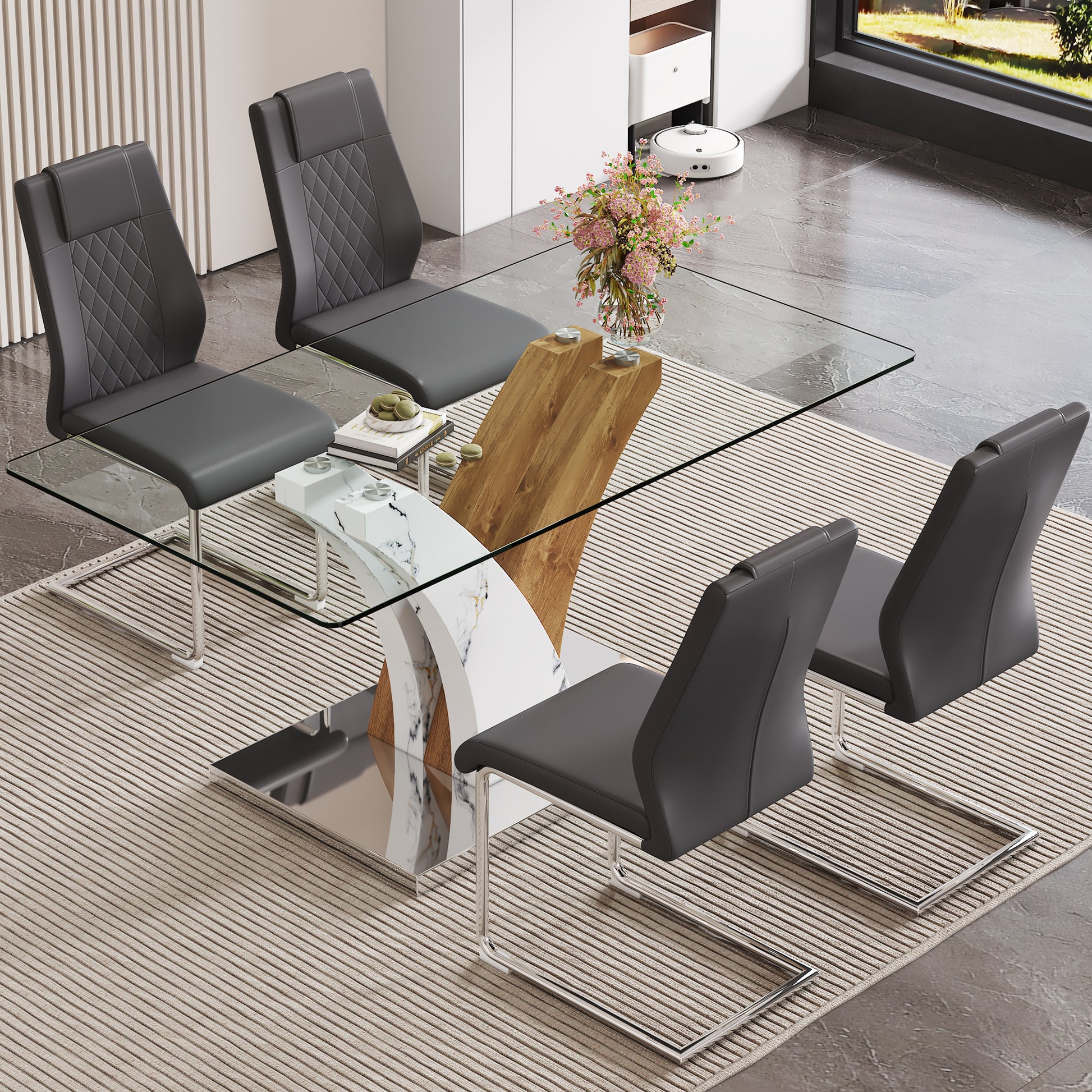 Table And Chair Set.Modern Dining Table, Tempered Glass Countertop With Artistic Mdf Legs.Paried With 4 Comfortable Chairs With Pu Seats And Metal Legs. Suitable For Various Decoration Styles. Gray,Transparent Seats 4 Mdf Glass