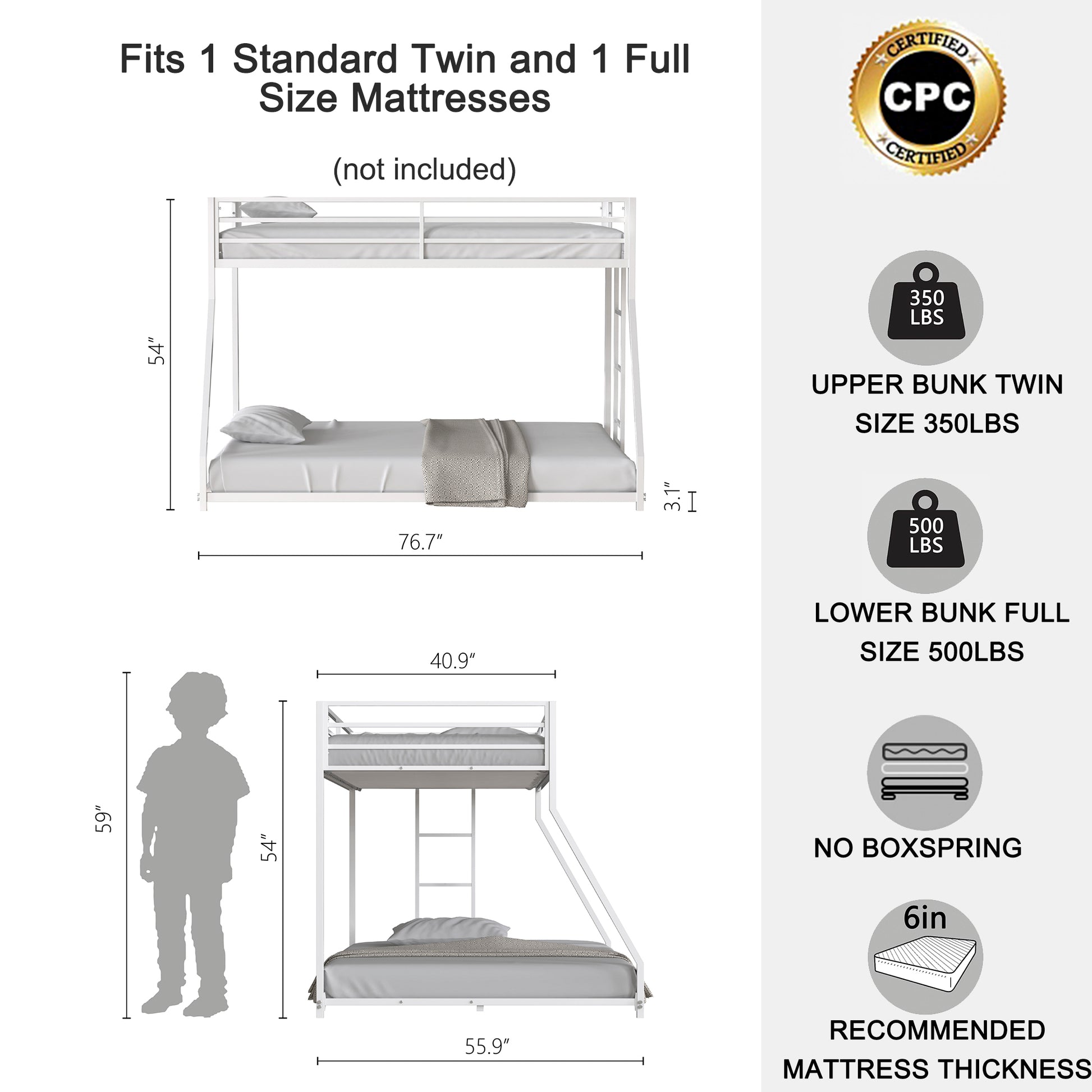 Adam Twin Over Full Metal Bunk, White Full Box Spring Not Required White Metal Bedroom Bunk Metal Metal