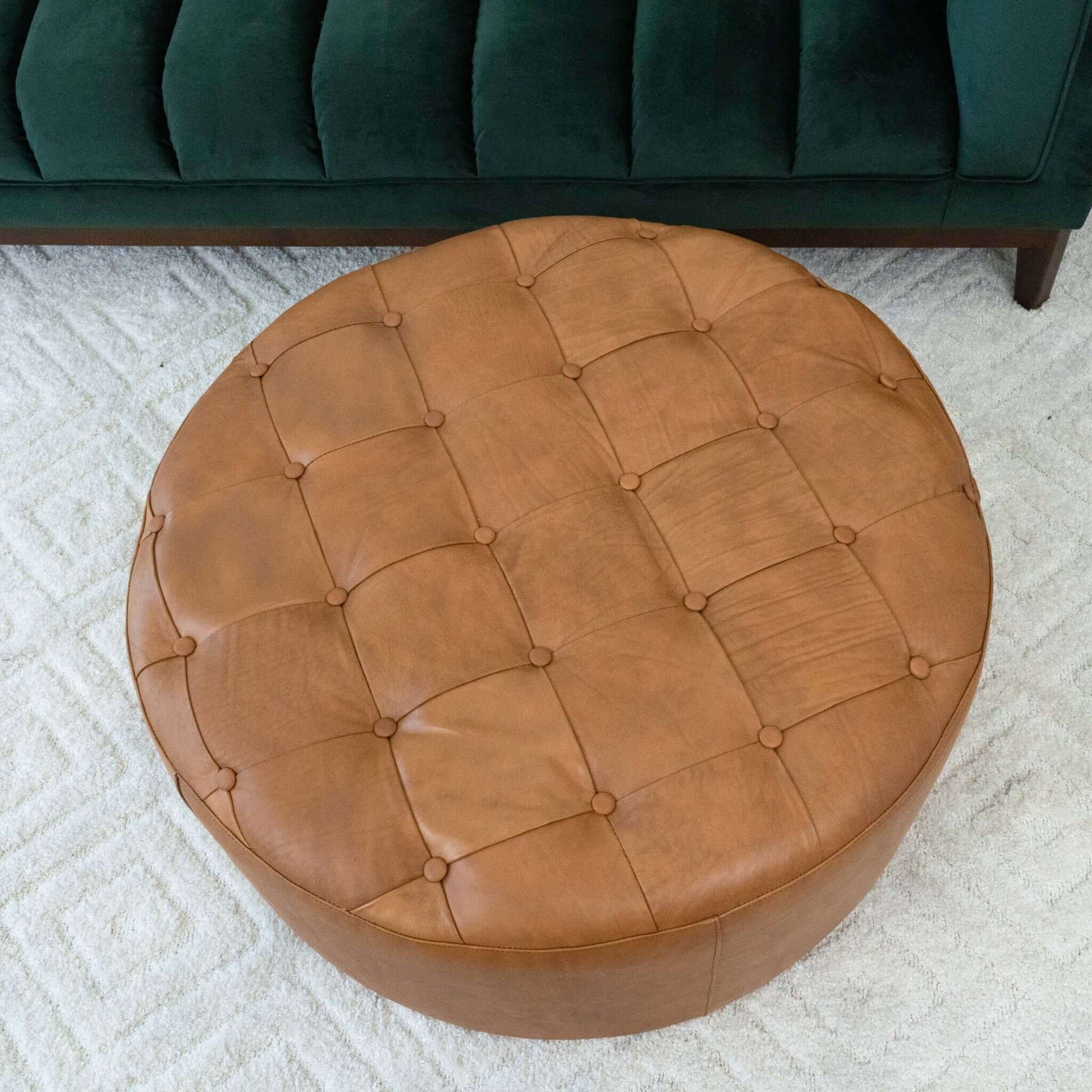 Seletar Tan Leather Ottoman Light Tan Genuine Leather Solid Brown Cocktail Tufted Genuine Leather