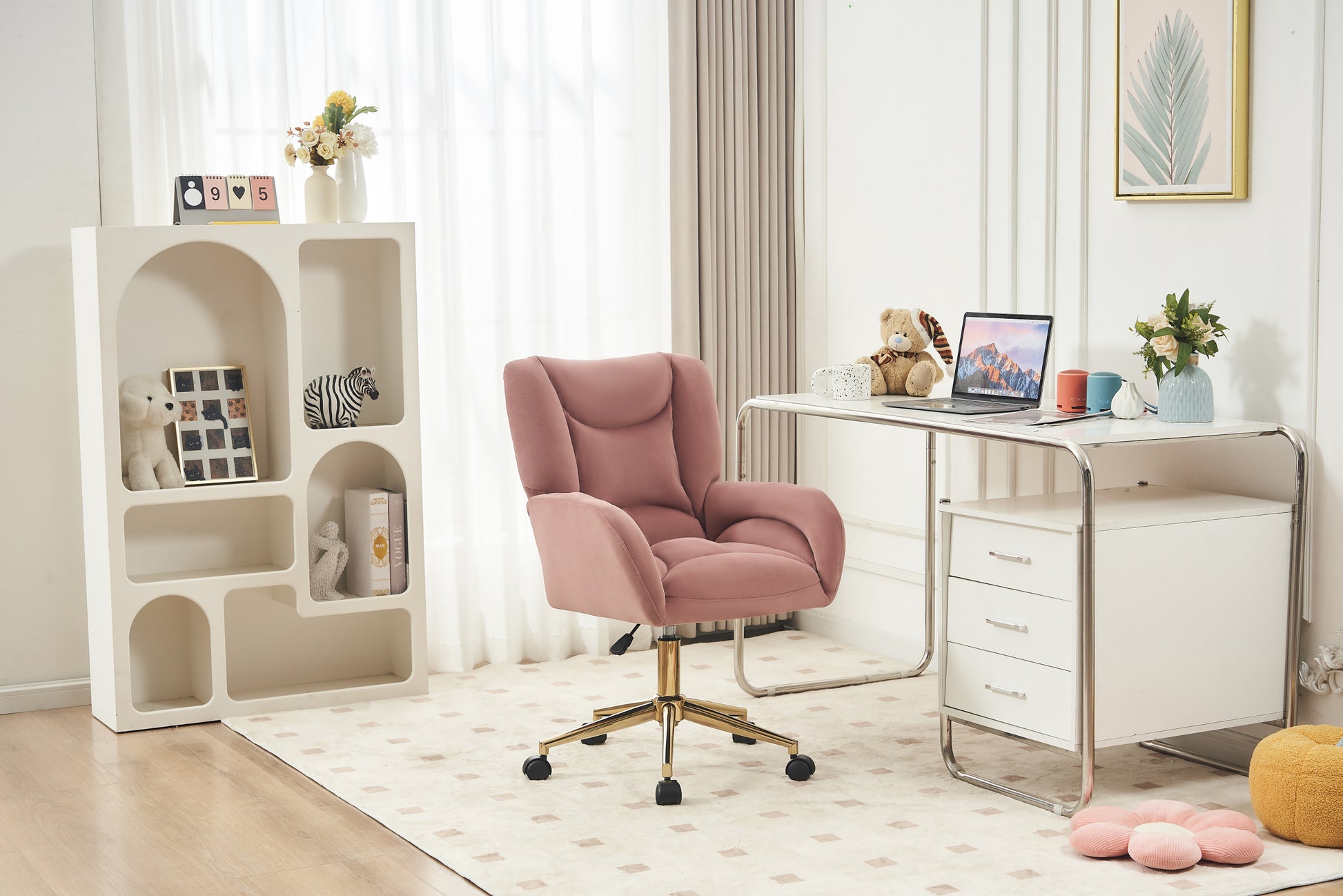 005 Velvet Fabric 360 Swivel Home Office Chair With Gold Metal Base And Universal Wheels,Pink Solid Pink Office Sponge Wipe Clean Modern Office Chairs Tufted Back Foam Swivel Velvet
