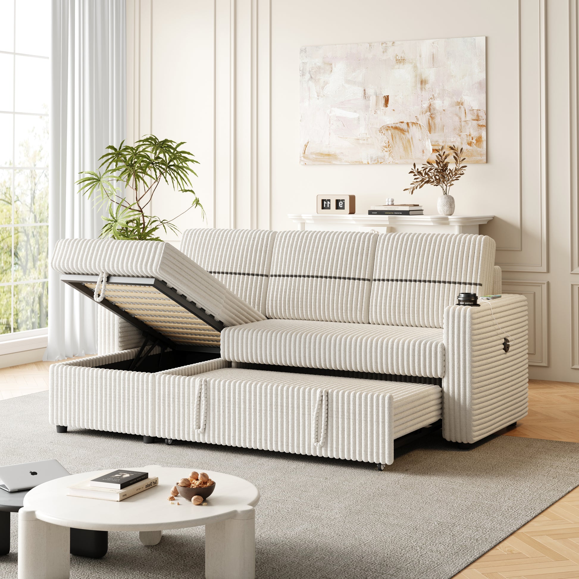 85 Inches Corduroy Sofa Bed, 3 Seater Sleeper Sofa With Storage Chaise, Square Handrail With Two Cup Holder And Usb Charge Port, Pull Out Couch For Living Room Beige Corduroy 3 Seat