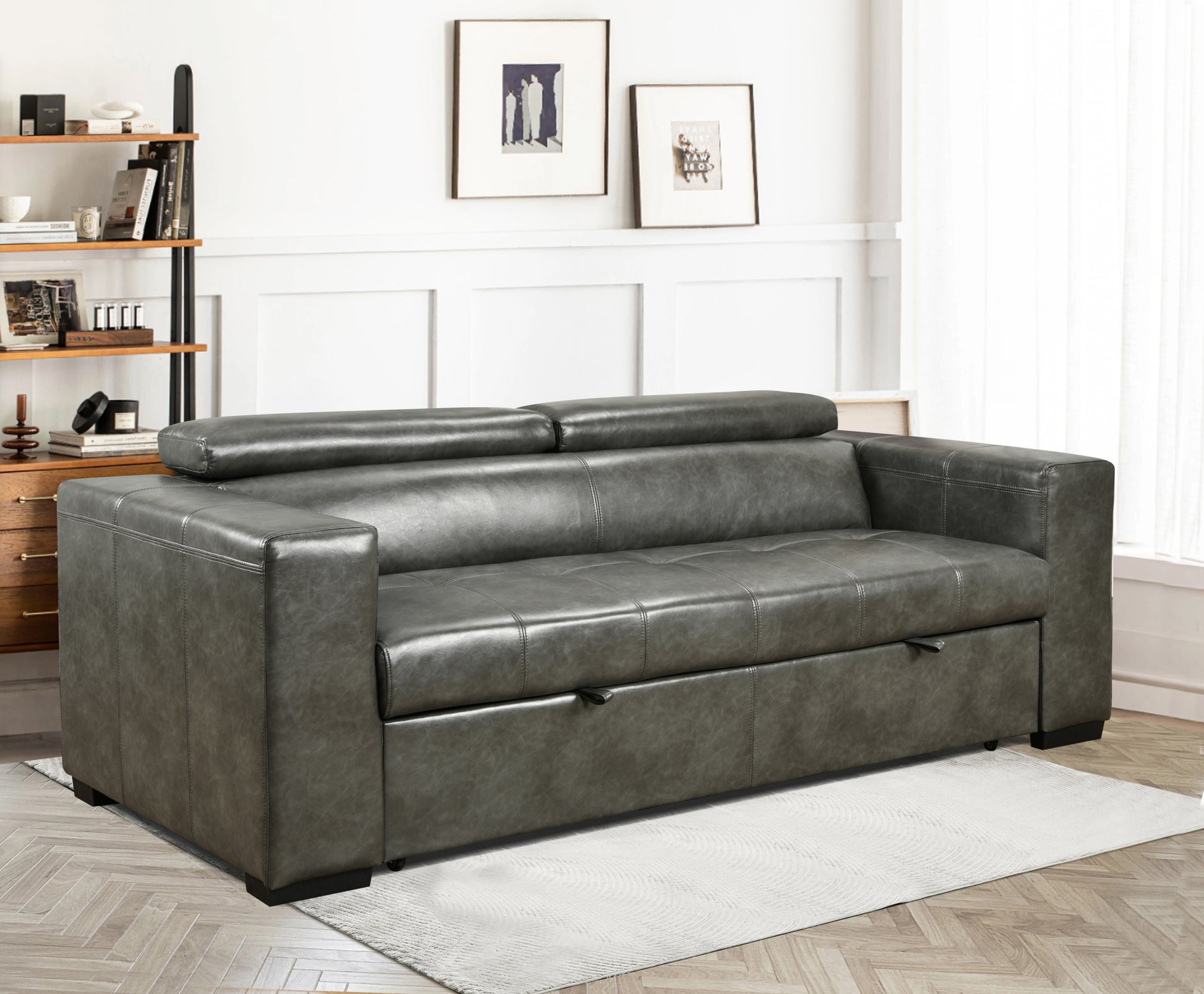 88 Inch Convertible Sofa Couch With Pull Out Bed, Modern Lounge Sleeper Sofa Set With Adjustable Headrest, Sofa Bed Furniture For For Living Room, Apartment,Basement,Grey Light Brown Wood Primary Living Space Heavy Duty Eucalyptus 3 Seat Grey Faux