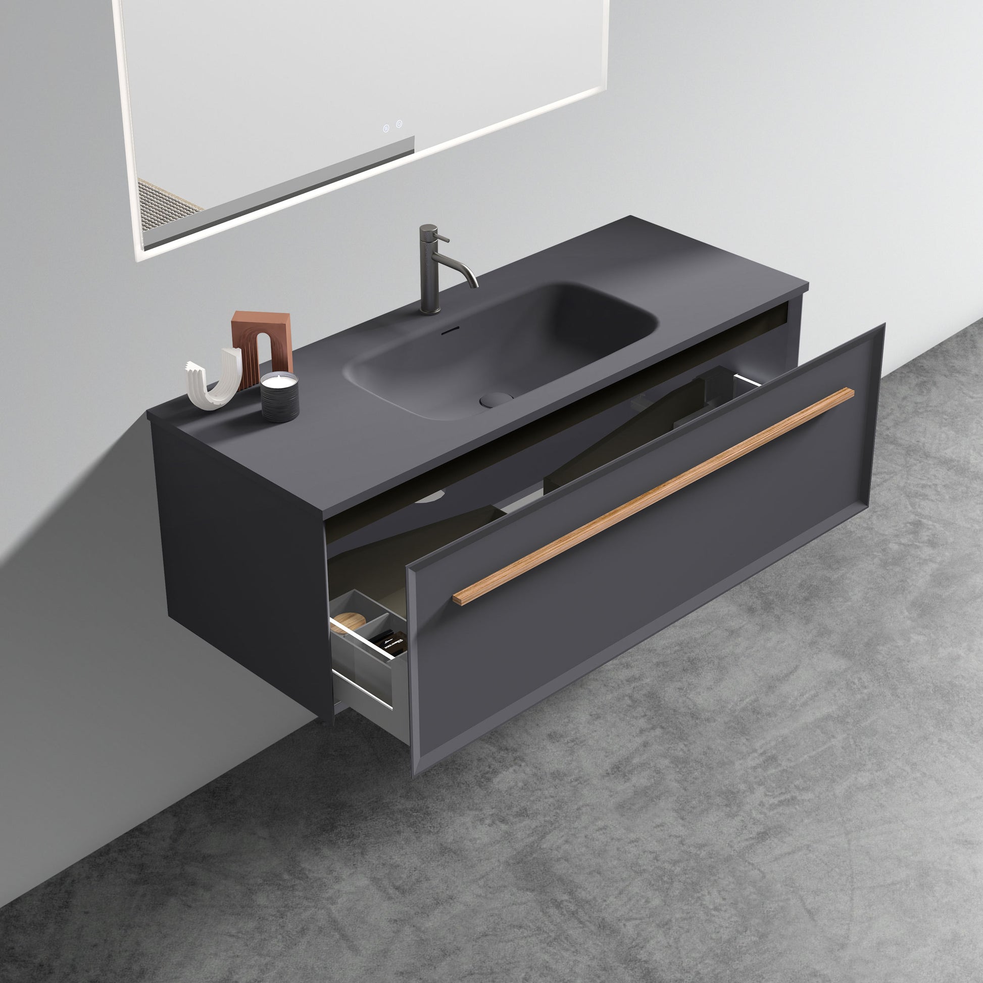 U053 Nevia48W 207 Nevia 48" Exclusive Gray Bathroom Vanity With Gray Solid Surface Sink, Wall Mounted Floating Bathroom Vanity For Modern Bathroom, One Piece Gray Basin Without Drain, Pre Assembled Gray Plywood