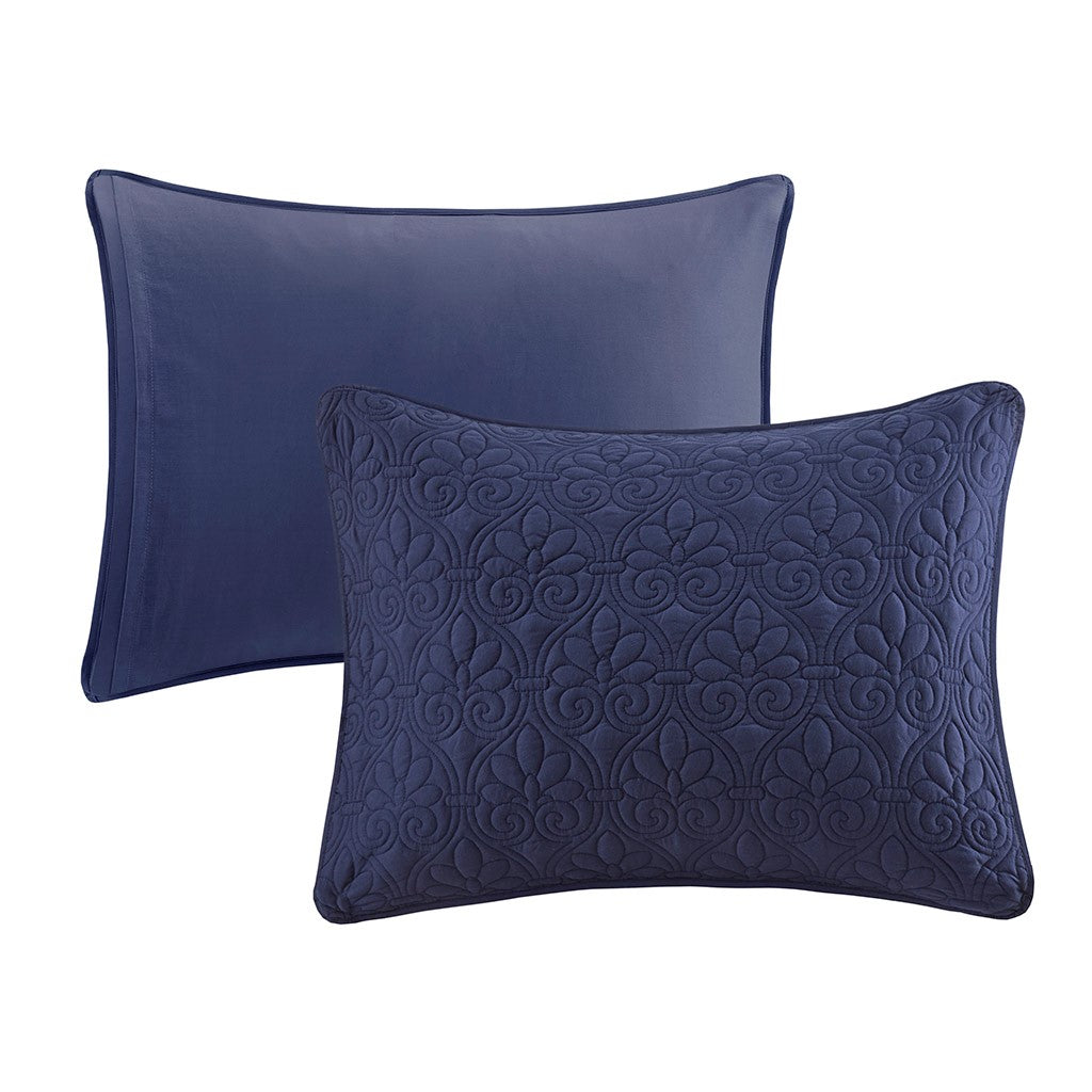 3 Piece Split Corner Pleated Quilted Bedspread Navy King Navy Polyester