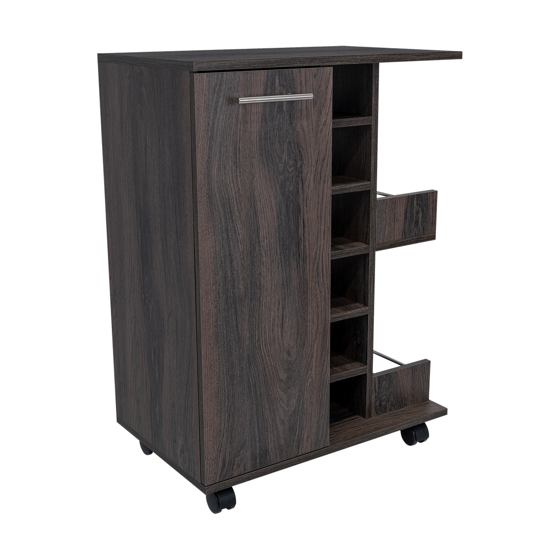 Bar Cart, Two External Shelves, Four Casters, Six Built In Wine Rack, Single Door Cabinet Espresso Brown Primary Living Space Particle Board Particle Board