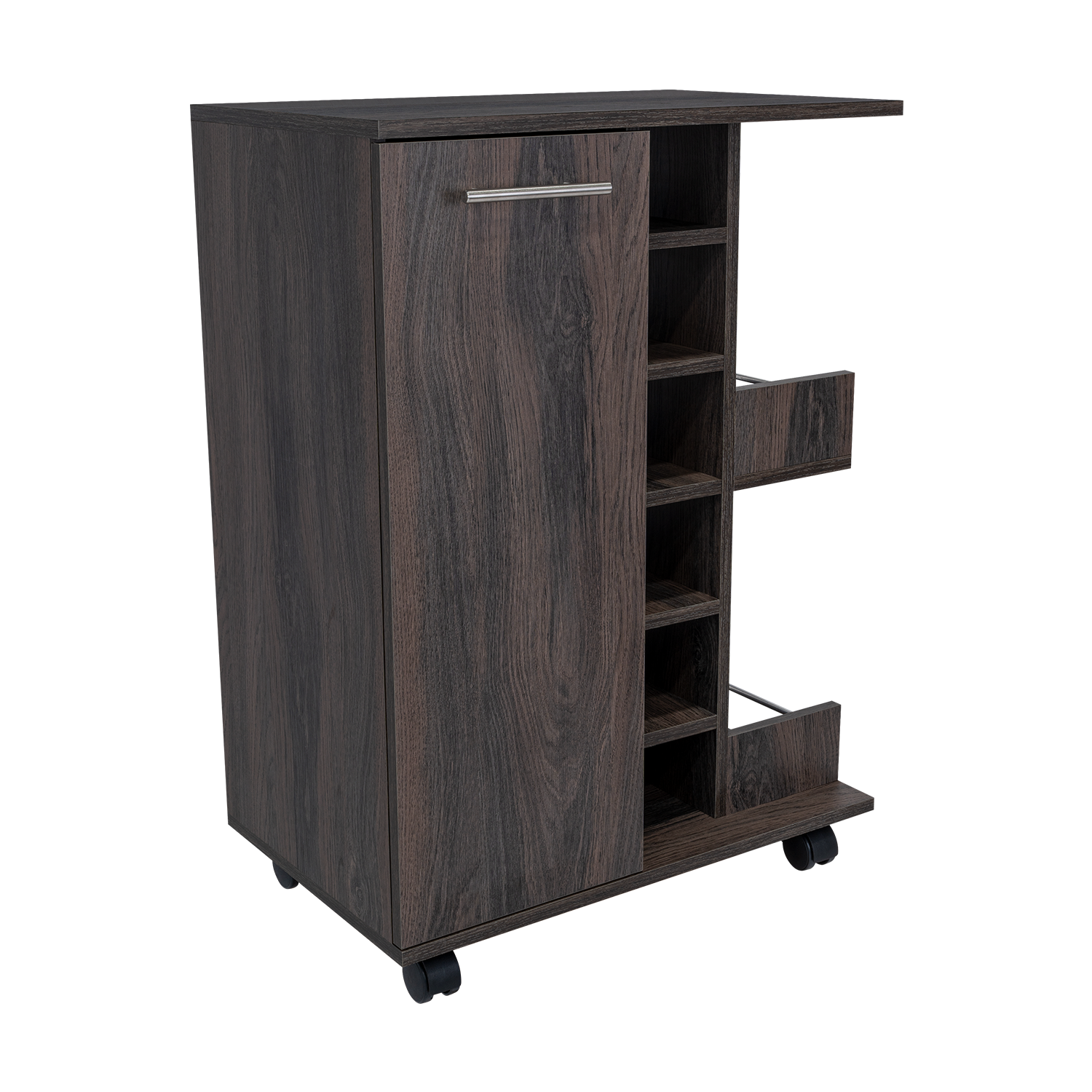 Bar Cart, Two External Shelves, Four Casters, Six Built In Wine Rack, Single Door Cabinet Espresso Brown Primary Living Space Particle Board Particle Board