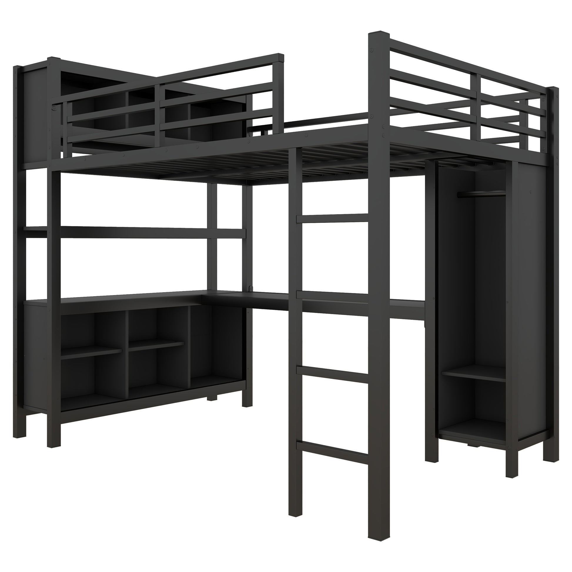 Metal Loft Bed With Wardrobe And L Shaped Desk, Full Size Loft Bed With Storage Cubes And Shelves, Heavy Duty Loft Bed For Kids Teens Adults, Black Full Black Metal
