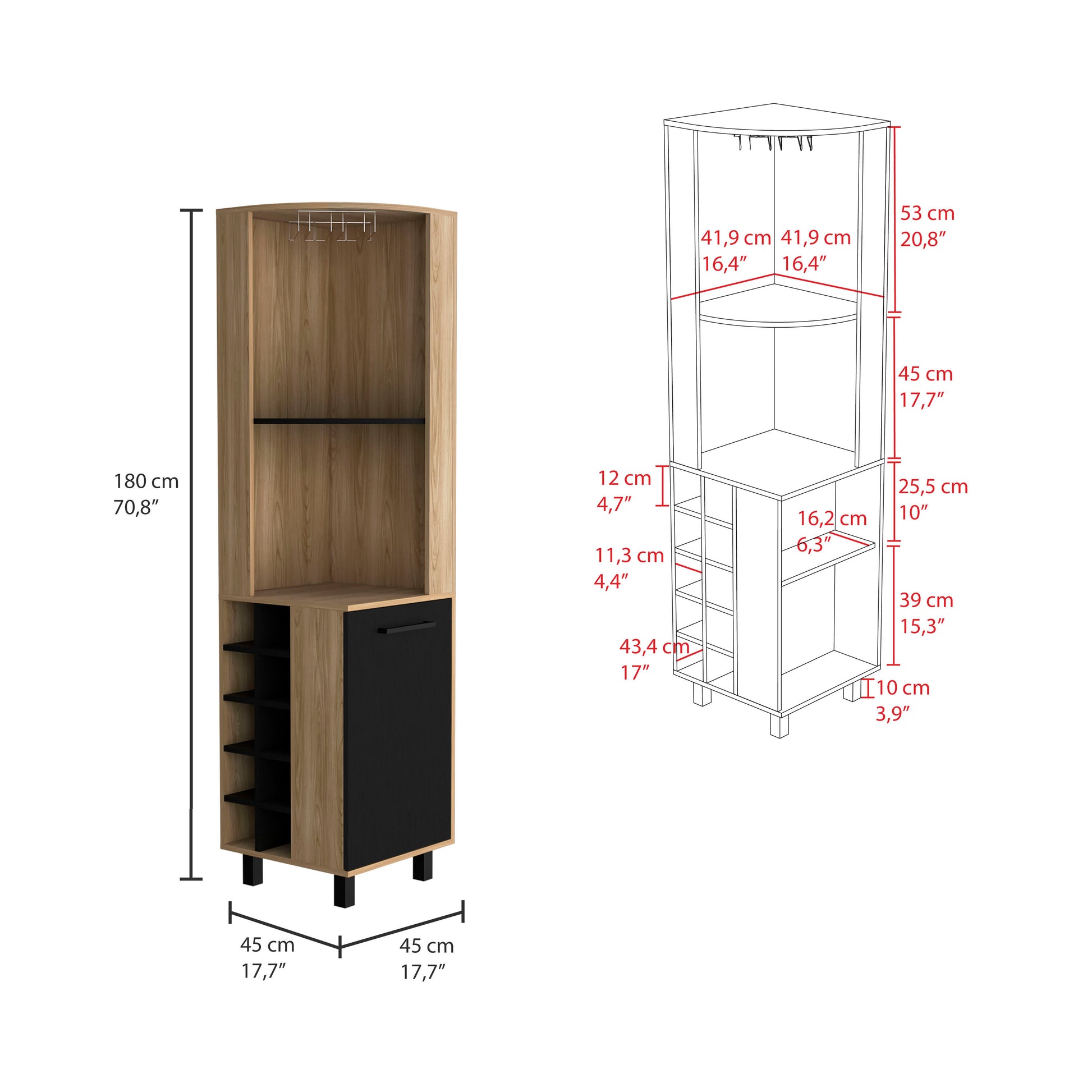 Kaia 70" Tall Corner Bar Cabinet With Four Shelves, Ten Wine Bottle Cubbies And Stemware In Natural Oak Black Light Oak Kitchen Modern Particle Board