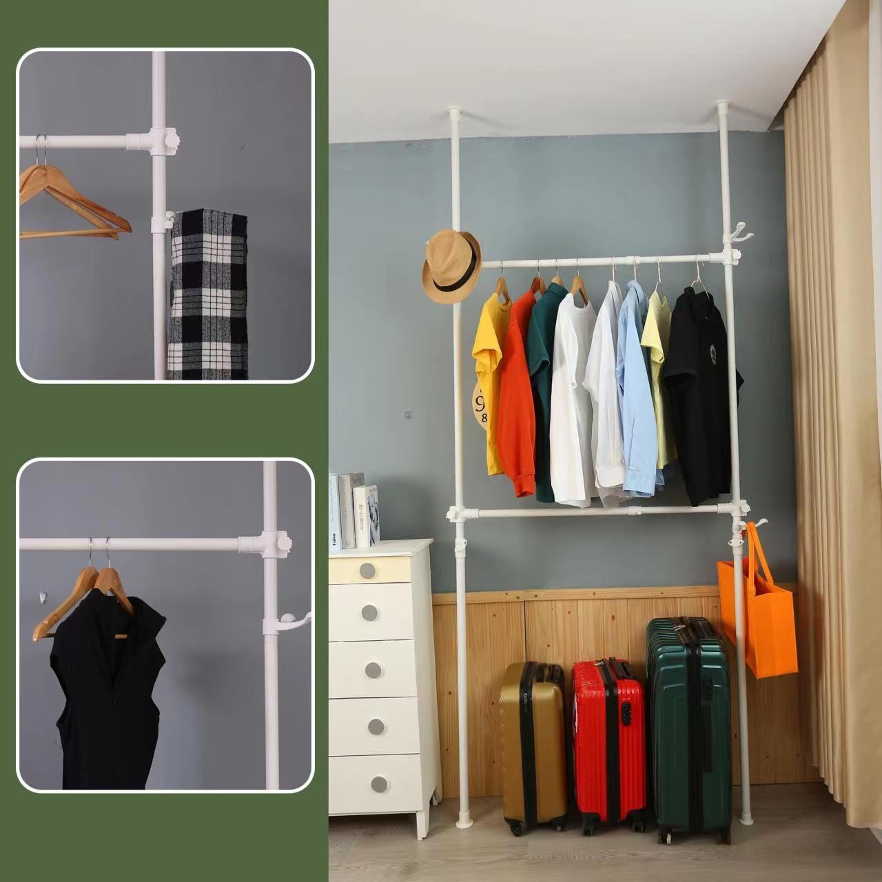 Telescopic Garment Rack, Heavy Duty Design Movable Diy By Hand No Damage To Wall Ceiling Hanging Rail, 31 47In Wide Adjustable, 120 Kilogram Loading, Reach Hook Included, White White Primary Living Space Metal