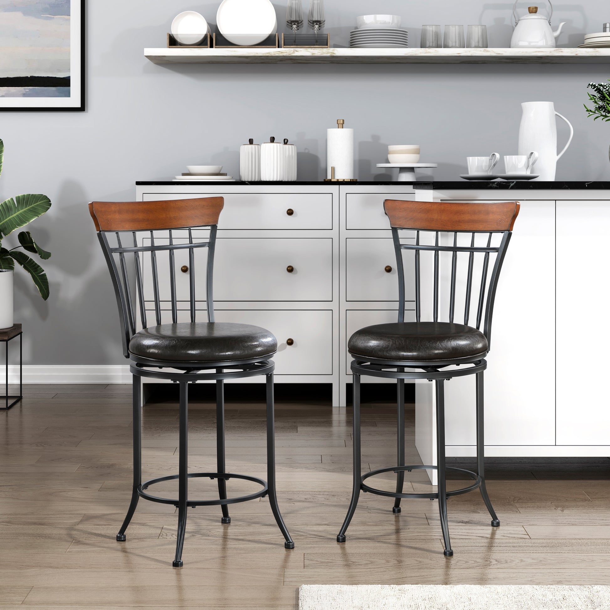 Swivel Counter Height Chair Black Metal Frame 1Pc Faux Leather Upholstery Seat Dining Furniture Black Dining Room Metal