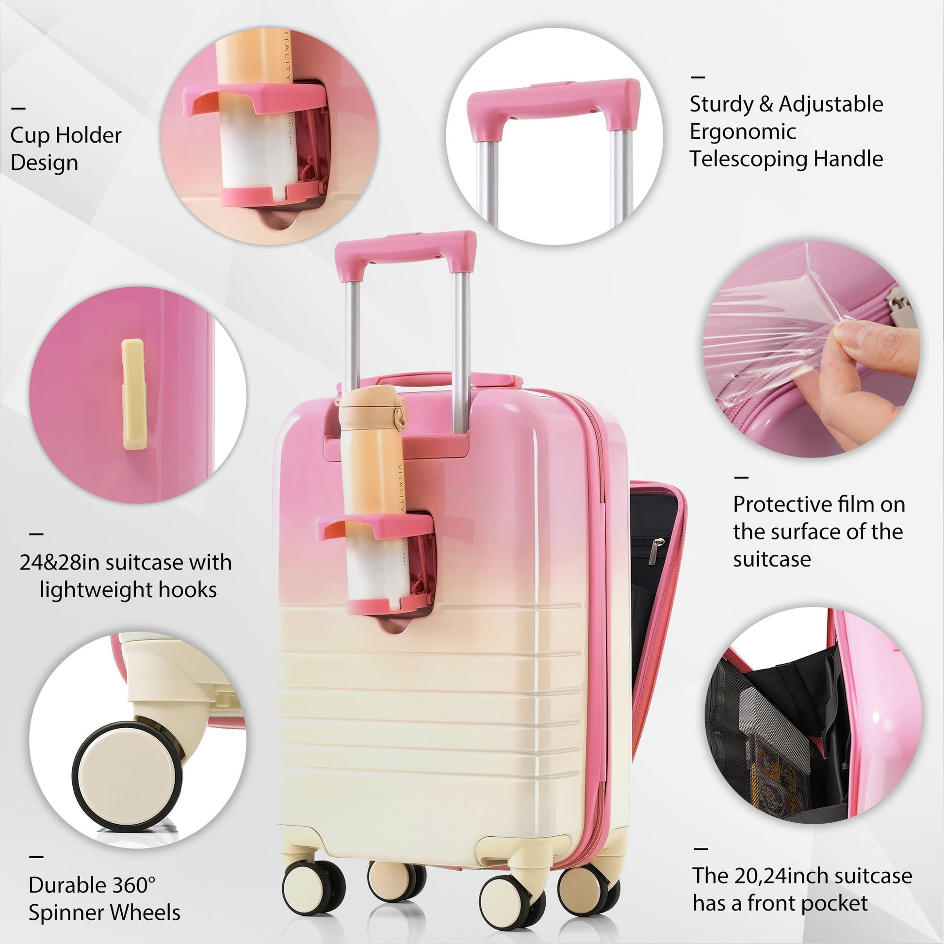 Luggage Set Of 3, 20, 24, 28Inch With Usb Port, 20, 24Inch With Front Opening Design Airline Certified Carry On Luggage With Cup Holder, Abs Pc Hard Shell Luggage With Spinner Wheels, Pink Pink Abs