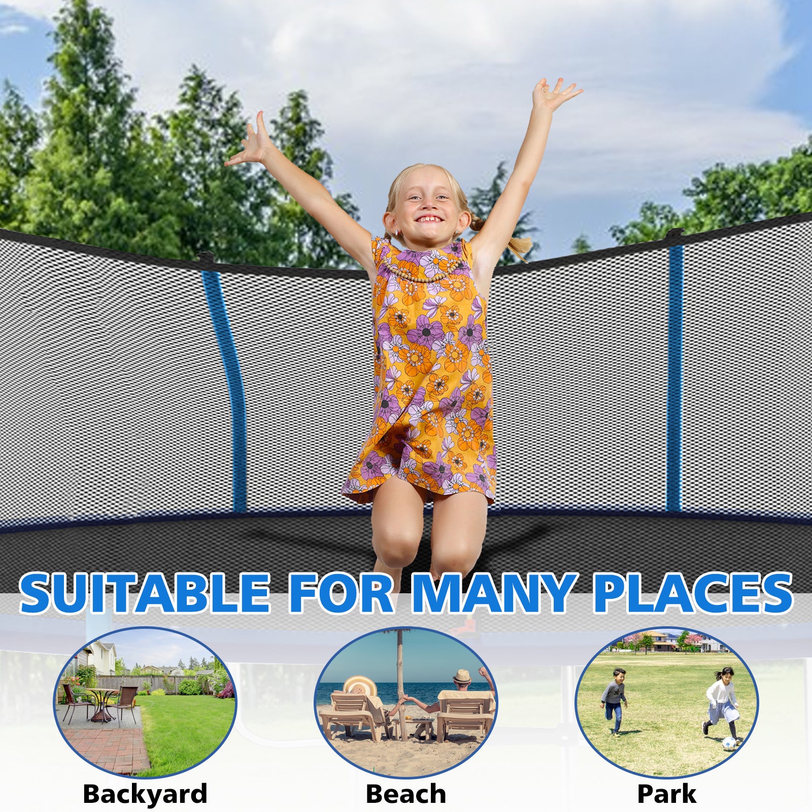 12Ft Outdoor Toddler Trampoline With Enclosure Safety Net Jumping Fun Trampoline, Heavy Duty Jump Pads, Spring Loaded For Children And Adults, Gifts For Boys Girls Blue Garden & Outdoor Iron