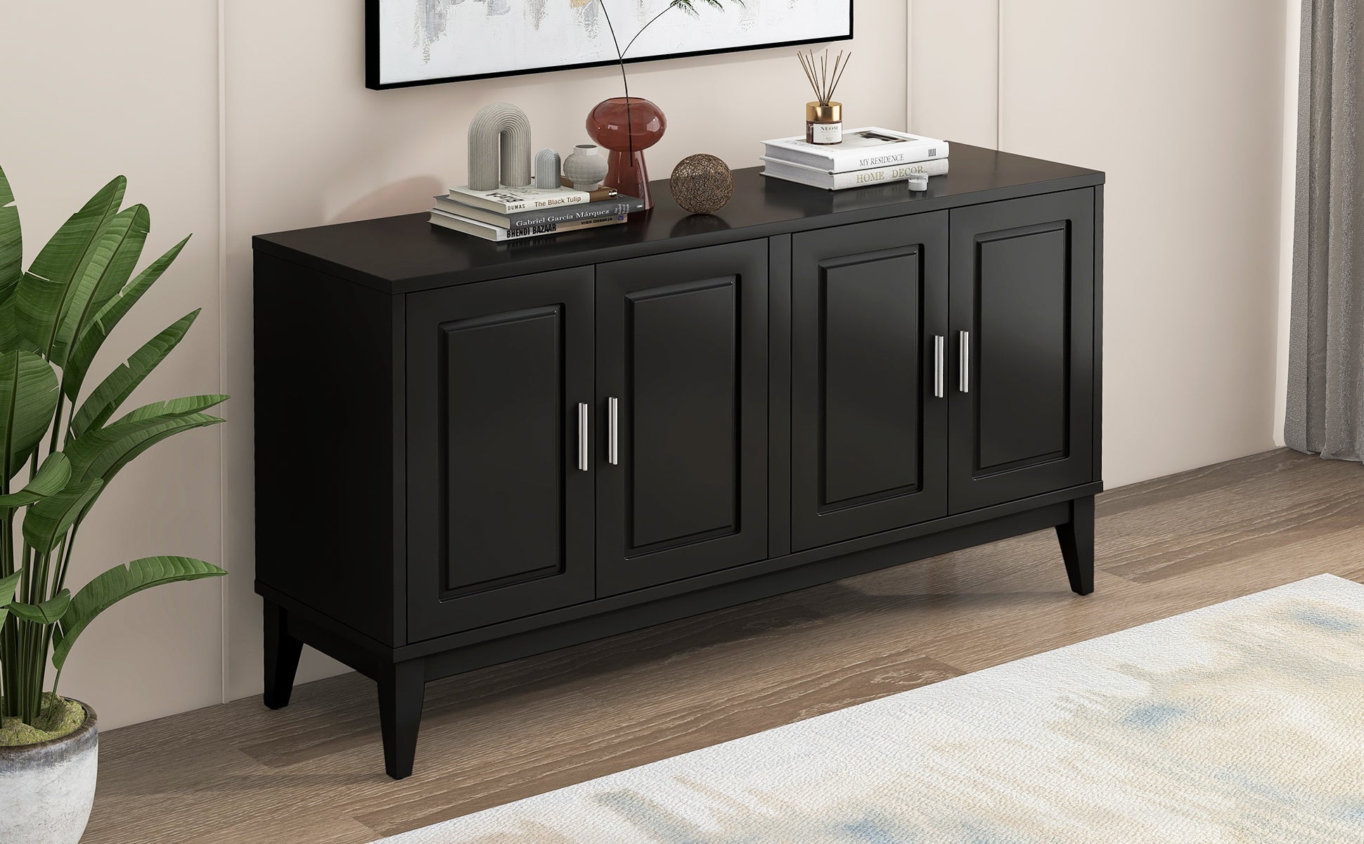 4 Door Sideboard Storage Cabinet With Door Shelf For Living Room And Dining Room, Two Large Cabinets With Adjustable Shelf, Black Black Rubberwood Solid Wood Mdf