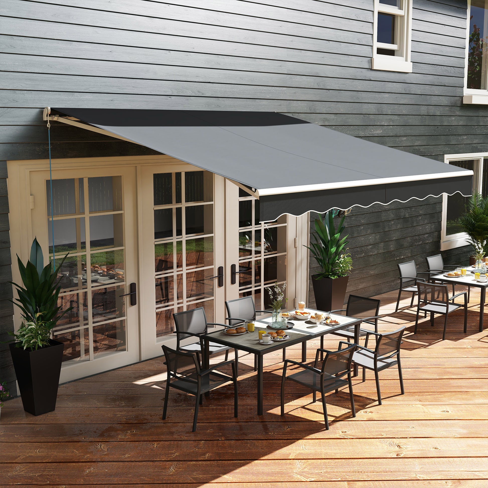 Outsunny 12' X 10' Electric Awning, Retractable Awning, Uv Protection Sun Shade Shelter With Remote Controller And Manual Crank Handle For Deck, Balcony, Yard, Black Black Aluminum