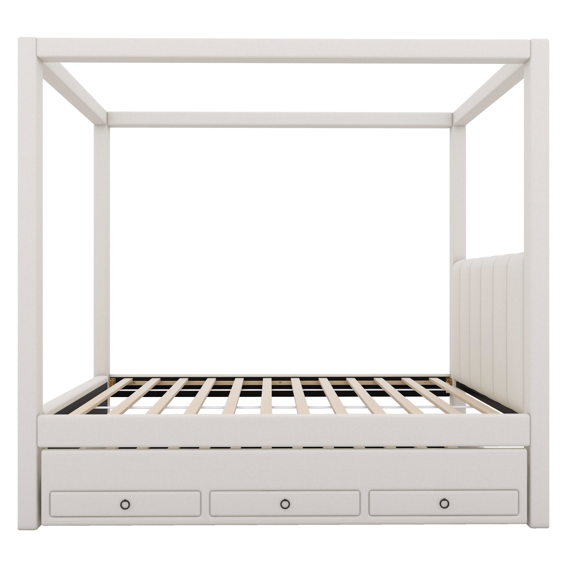 Twin Size Upholstery Canopy Platform Bed With Trundle And Three Storage Drawers, Beige Twin Beige Upholstered