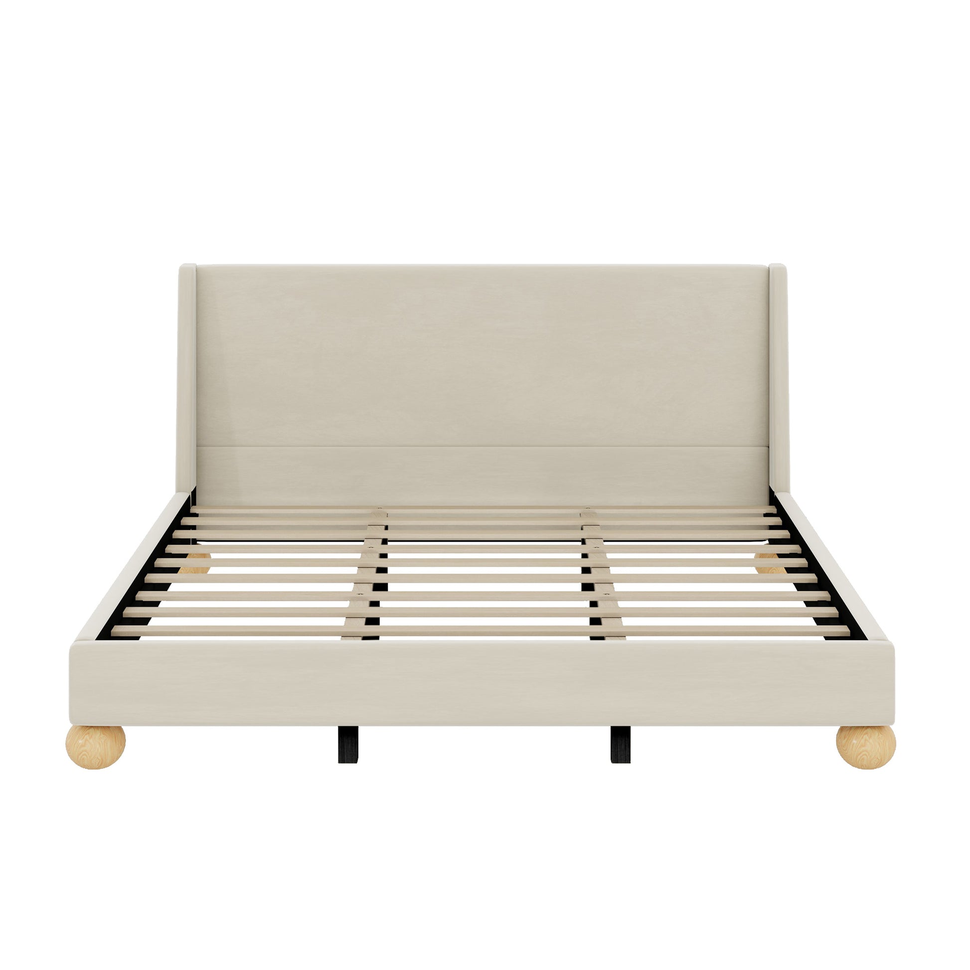 Modern Velvet Upholstered Platform Bed With Wingback Headboard And Round Wooden Legs, Cream,King Size Old Sku:Wf531853Aac Box Spring Not Required King Cream Wood Bedroom Modern Bed Frame Velvet Wood