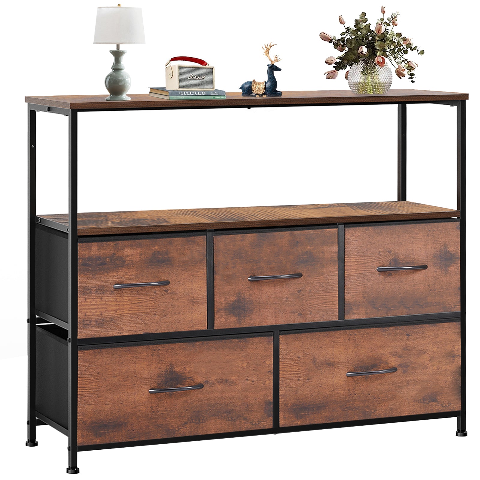Tv Stand Dresser For Bedroom Entertainment Center With 5 Fabric Drawers, Storage Organizers Units For Living Room, Media Console Table With Open Shelf Up For 45" Tv, Rust, Wood Top Rust 39 Inches Or